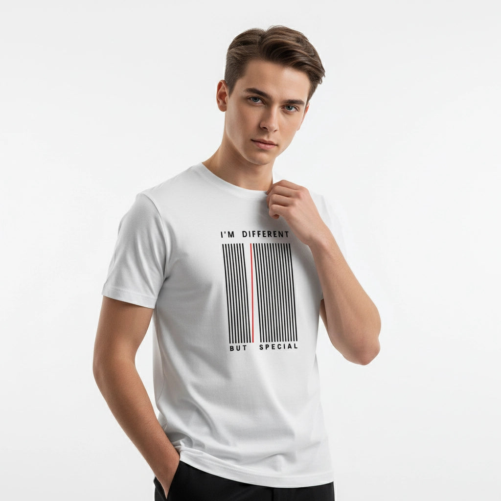 Man wearing a white t-shirt with a barcode design and text on a light gray background