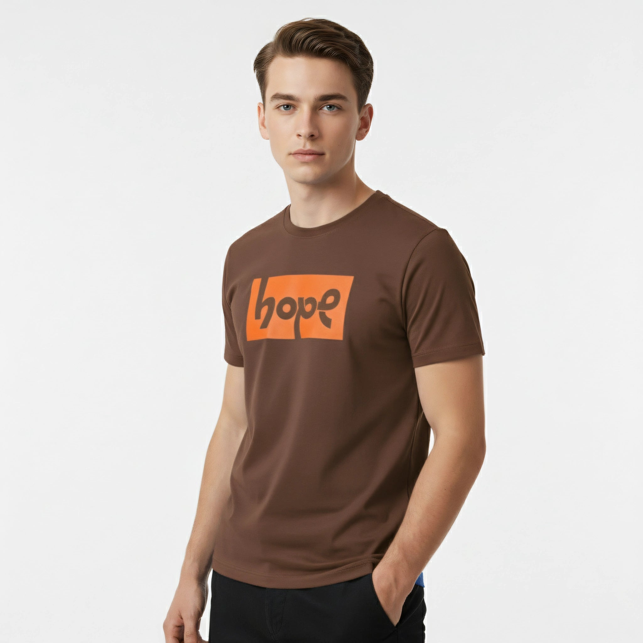 Man wearing a brown t-shirt with an orange 'hope' logo on a white background