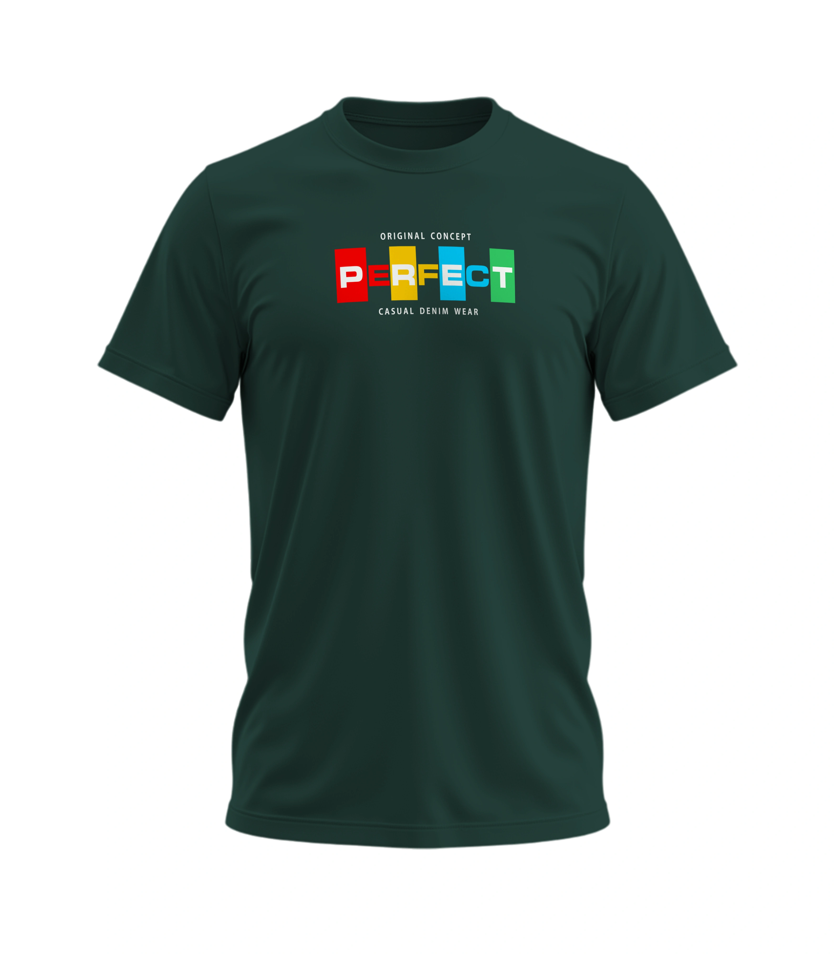 Green t-shirt with colorful 'PERFECT' logo on a white background