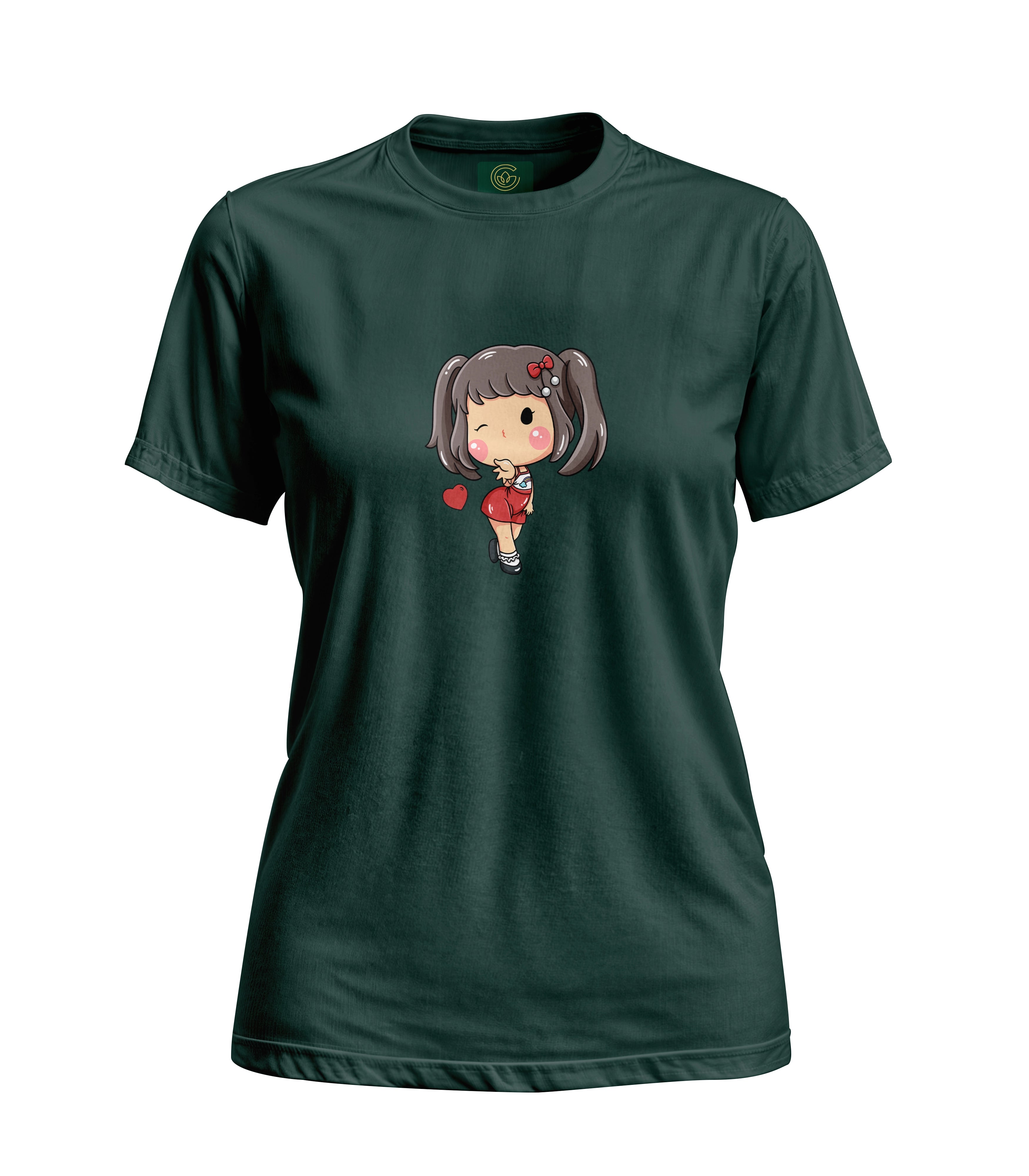 Green t-shirt with a cartoon character on a white background