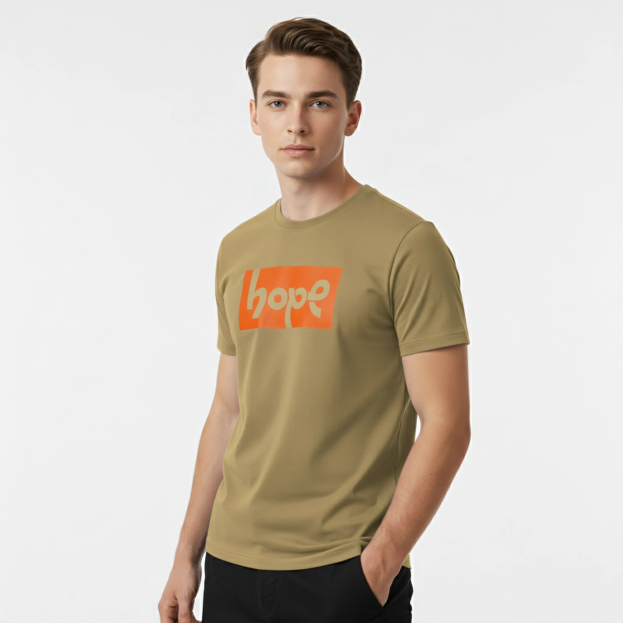 Man wearing a khaki t-shirt with 'hope' printed in orange on a white background