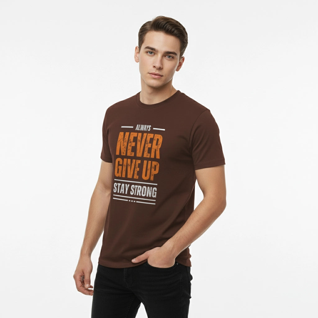 Man wearing a brown t-shirt with motivational text on a white background