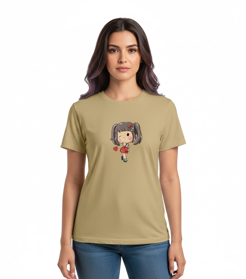 Woman wearing a beige t-shirt with a cartoon character on a white background