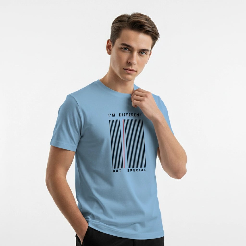 Man wearing a light blue t-shirt with text and design on a white background