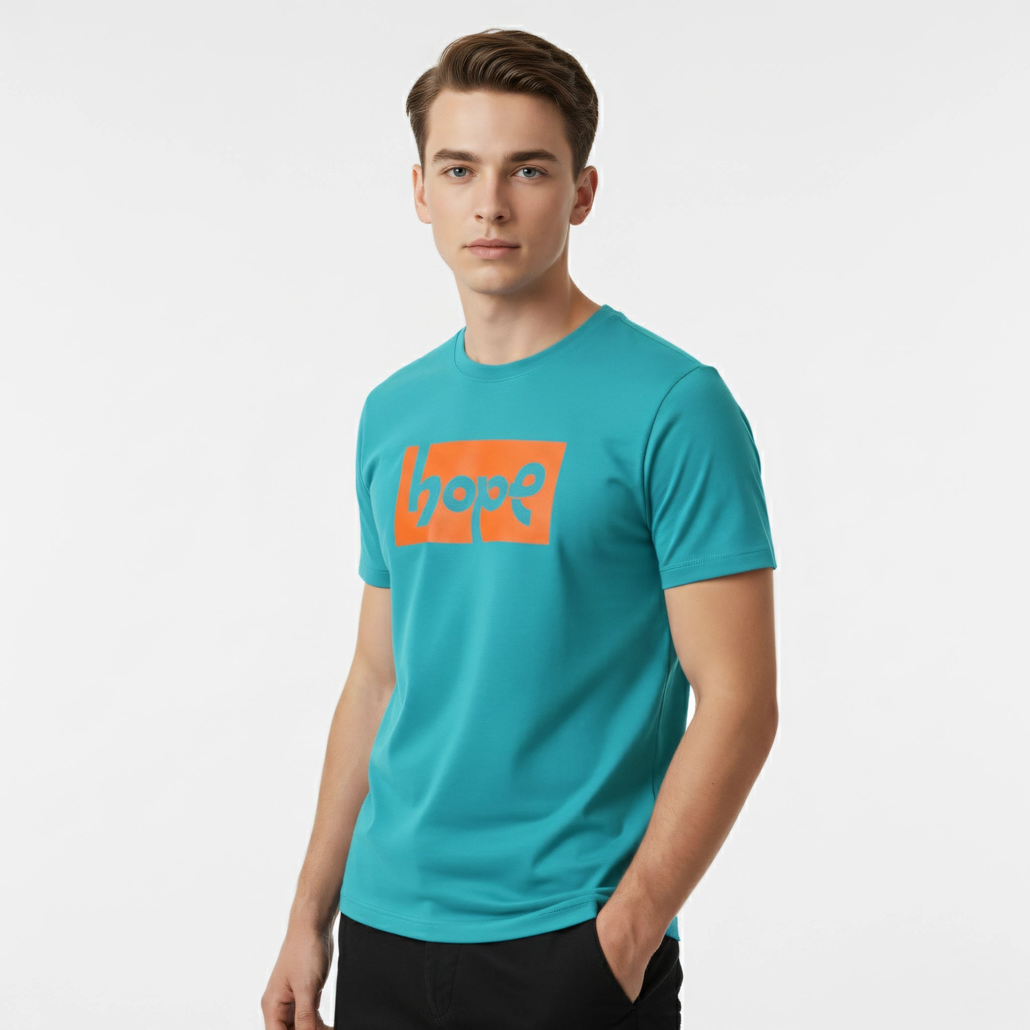 Man wearing a teal t-shirt with 'Hope' printed in orange on a white background
