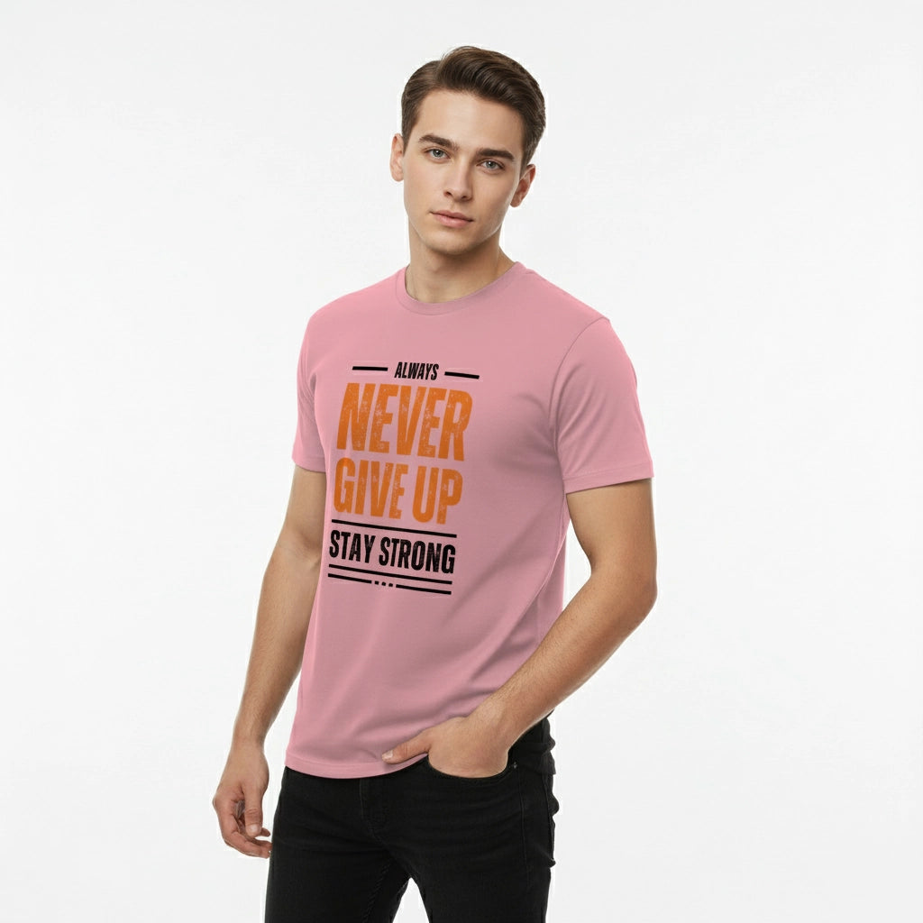 Man wearing a pink t-shirt with motivational text on a white background