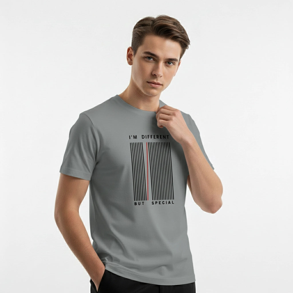 Man wearing a gray t-shirt with text design on a white background