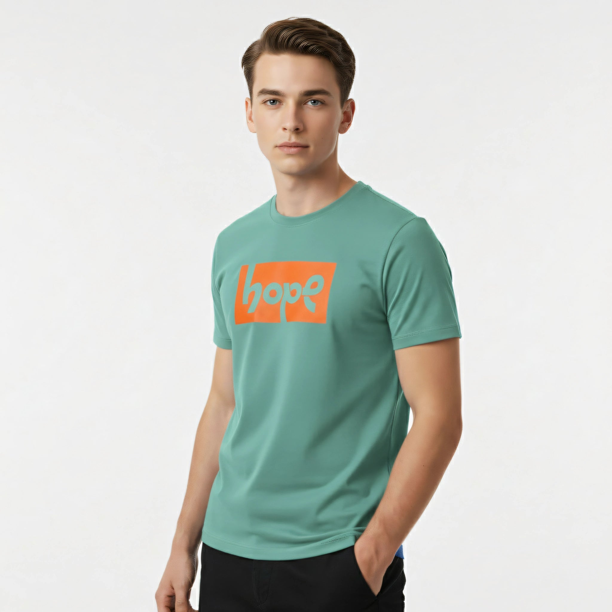 Man wearing a teal t-shirt with an orange 'Hope' logo on a white background