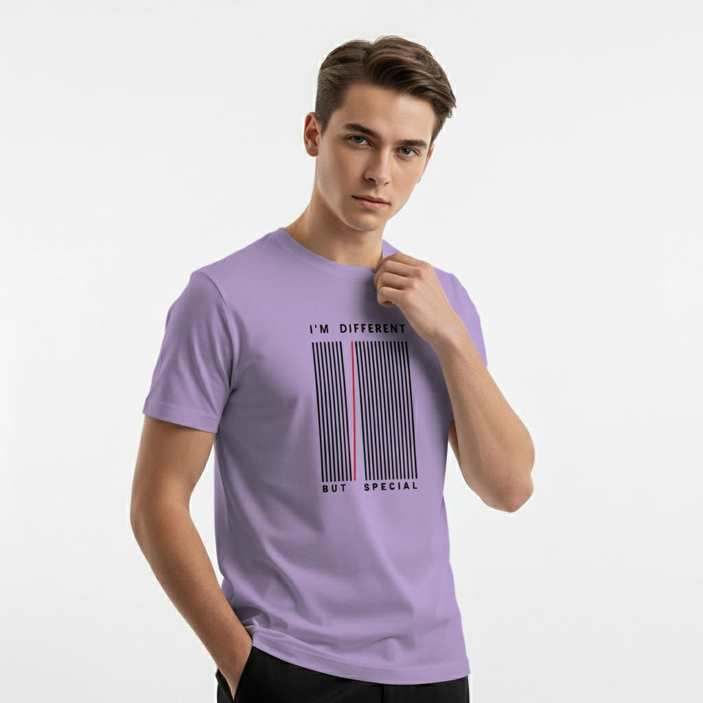 Man wearing a purple t-shirt with text on a white background