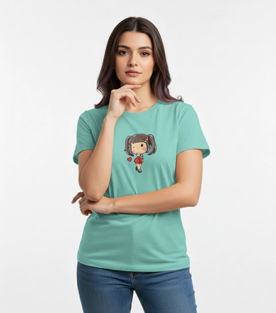 Woman wearing a teal t-shirt with a cartoon character design on a white background