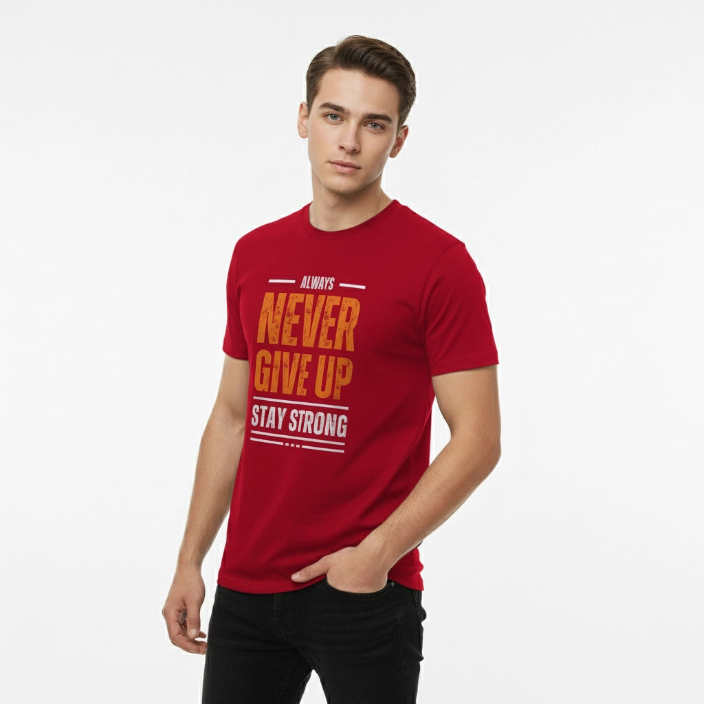Man wearing a red t-shirt with motivational text on a white background