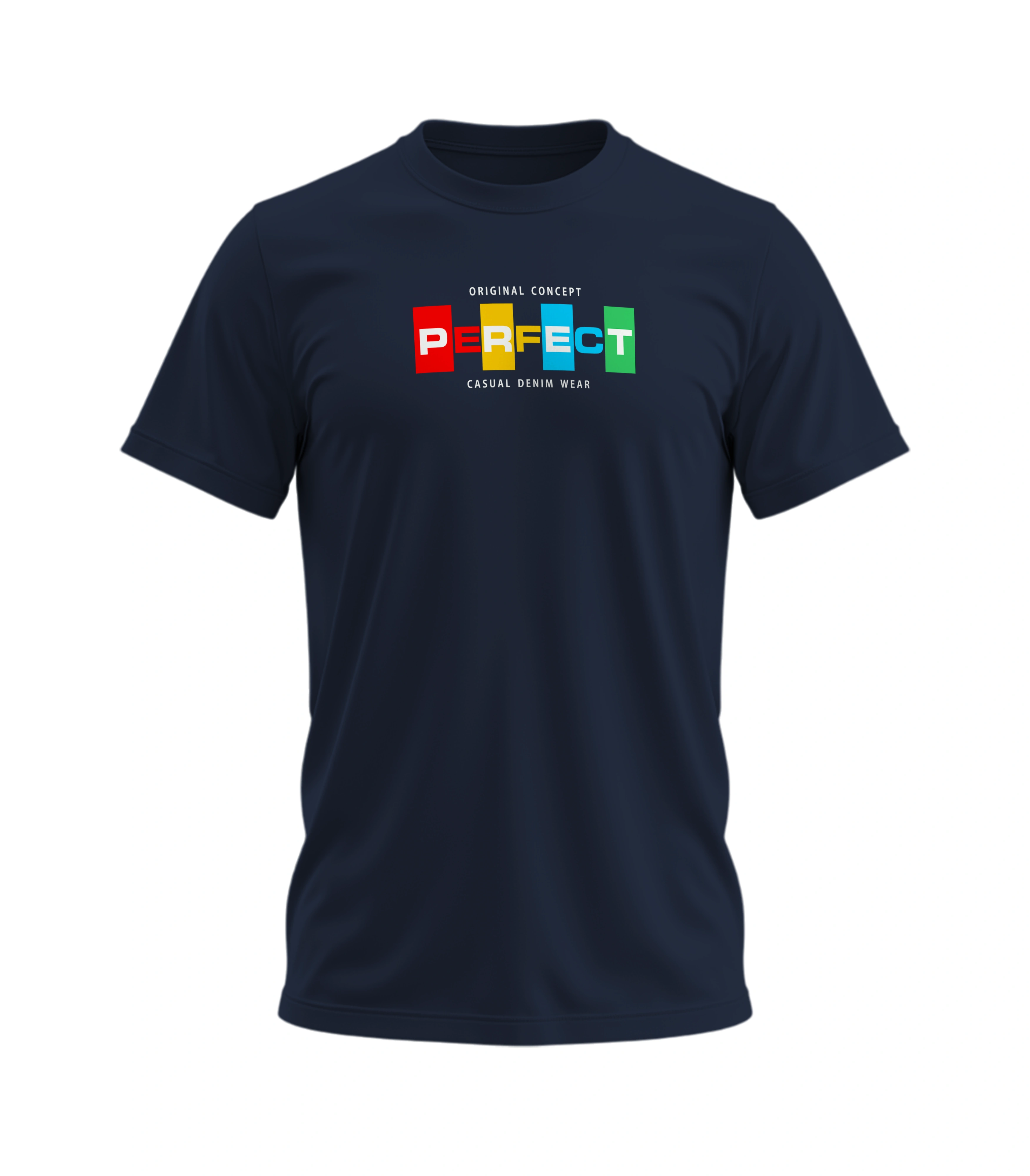 Navy blue t-shirt with colorful 'PERFECT' logo on a white background