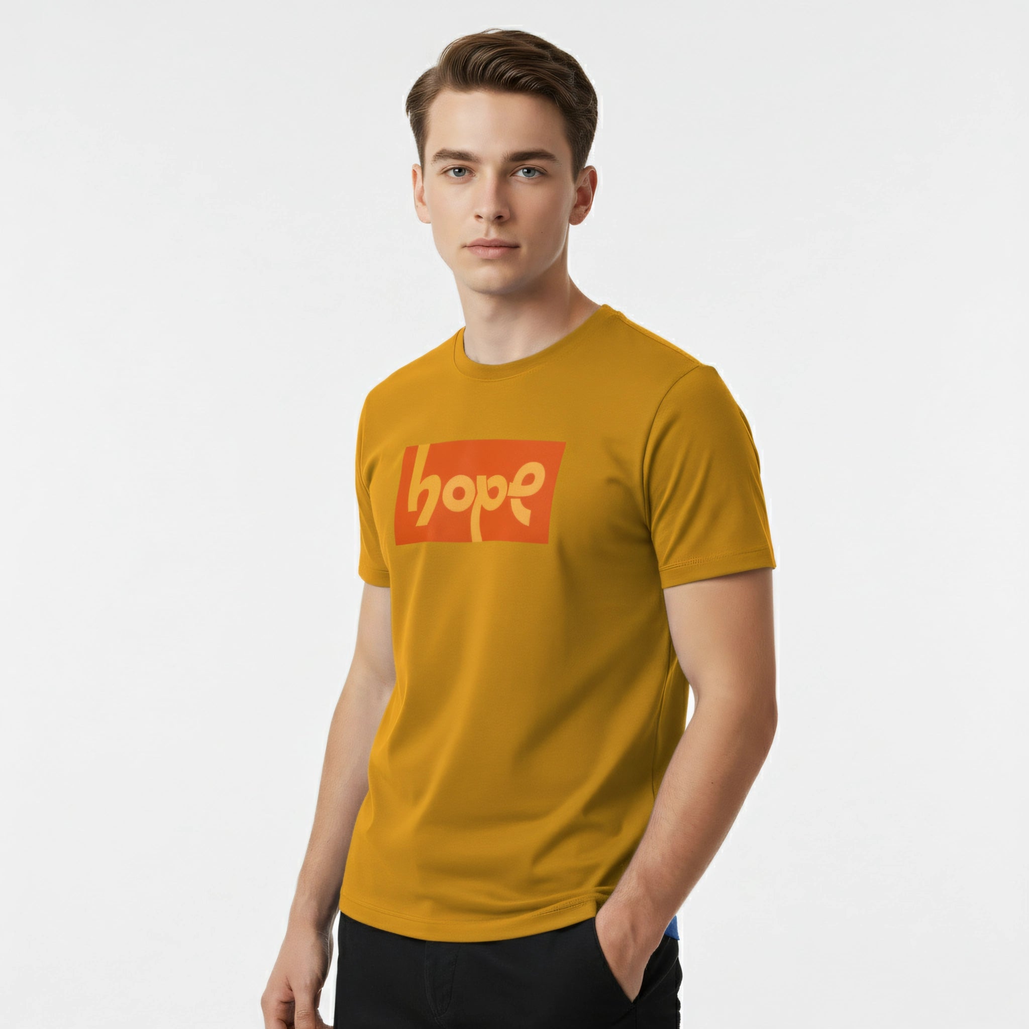 Man wearing a mustard yellow t-shirt with a red 'hope' logo on a white background