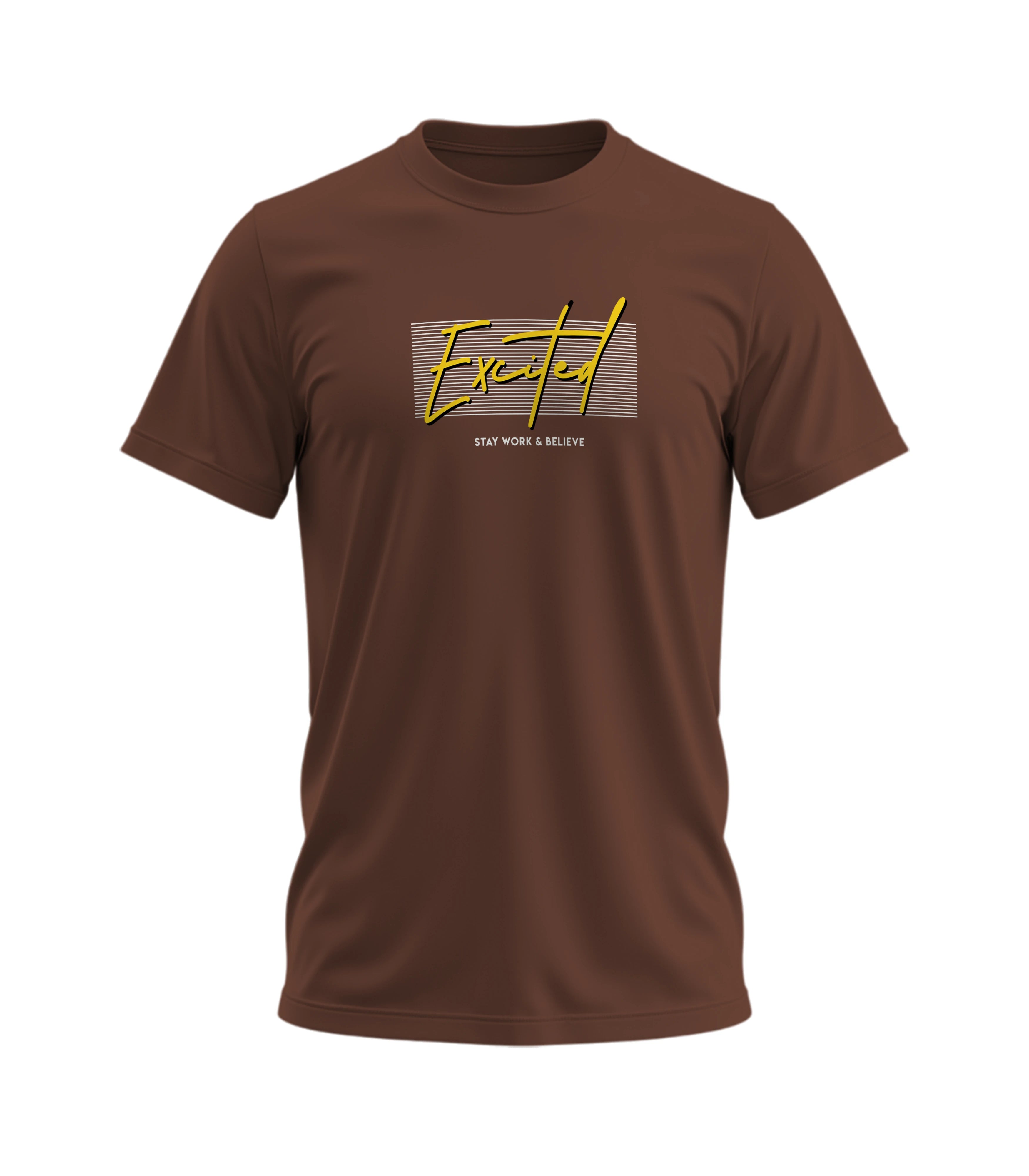 Brown t-shirt with yellow graphic design on a white background