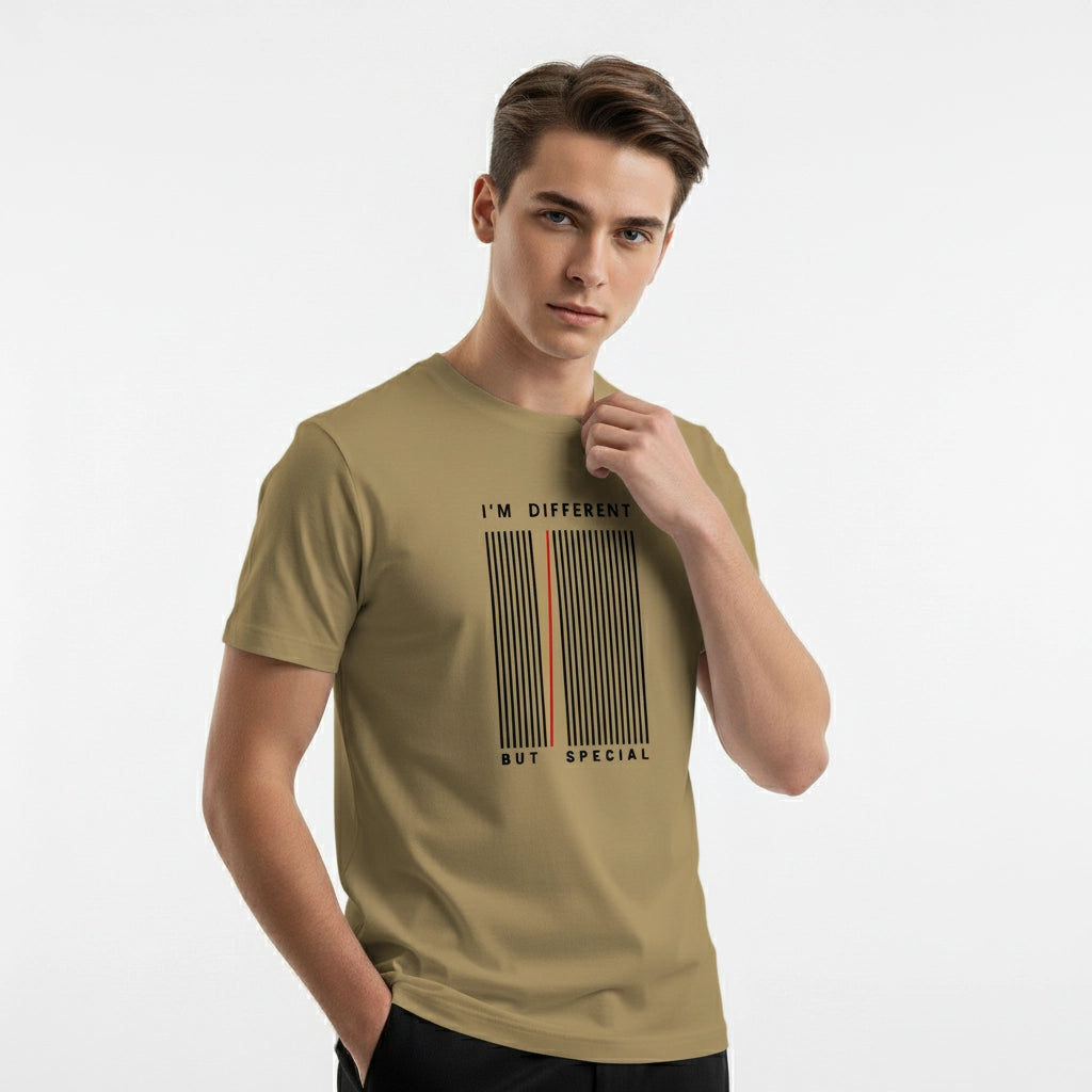 Man wearing a beige t-shirt with text design on a white background