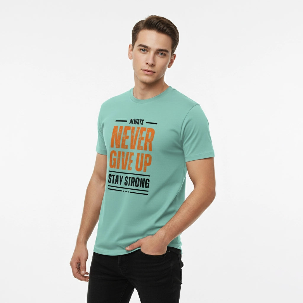 Man wearing a light blue t-shirt with motivational text on a white background