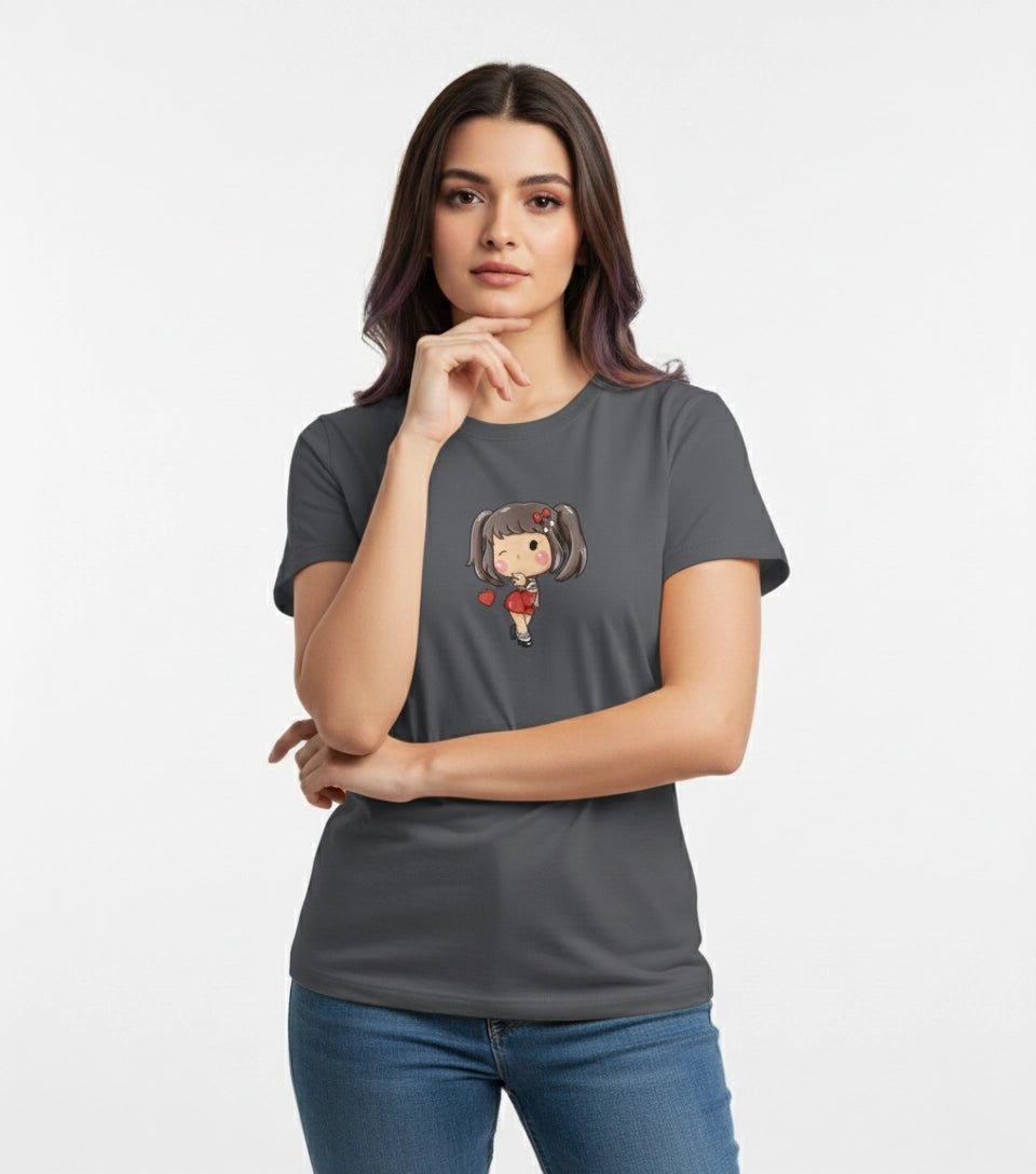 Woman wearing a gray t-shirt with a graphic design on a white background