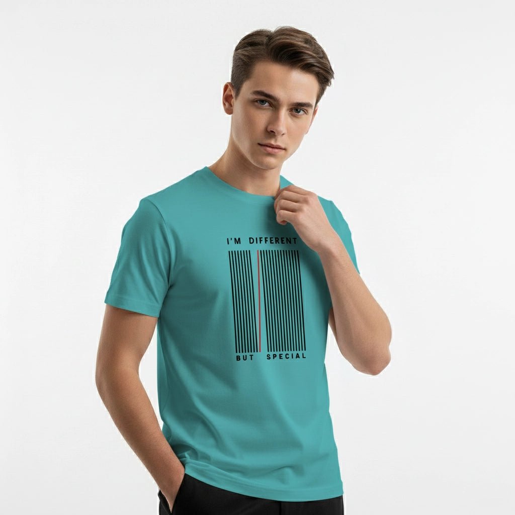 Man wearing a teal t-shirt with text design on a white background