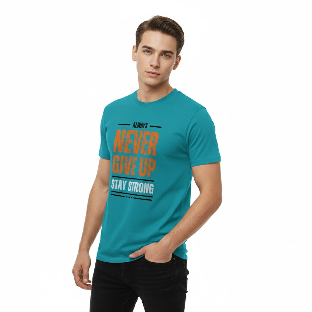 Man wearing a teal t-shirt with motivational text on a white background