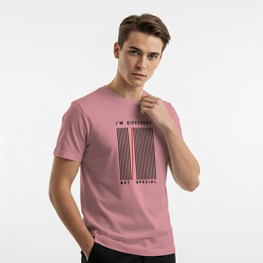 Person wearing a pink t-shirt with text and barcode design on a white background