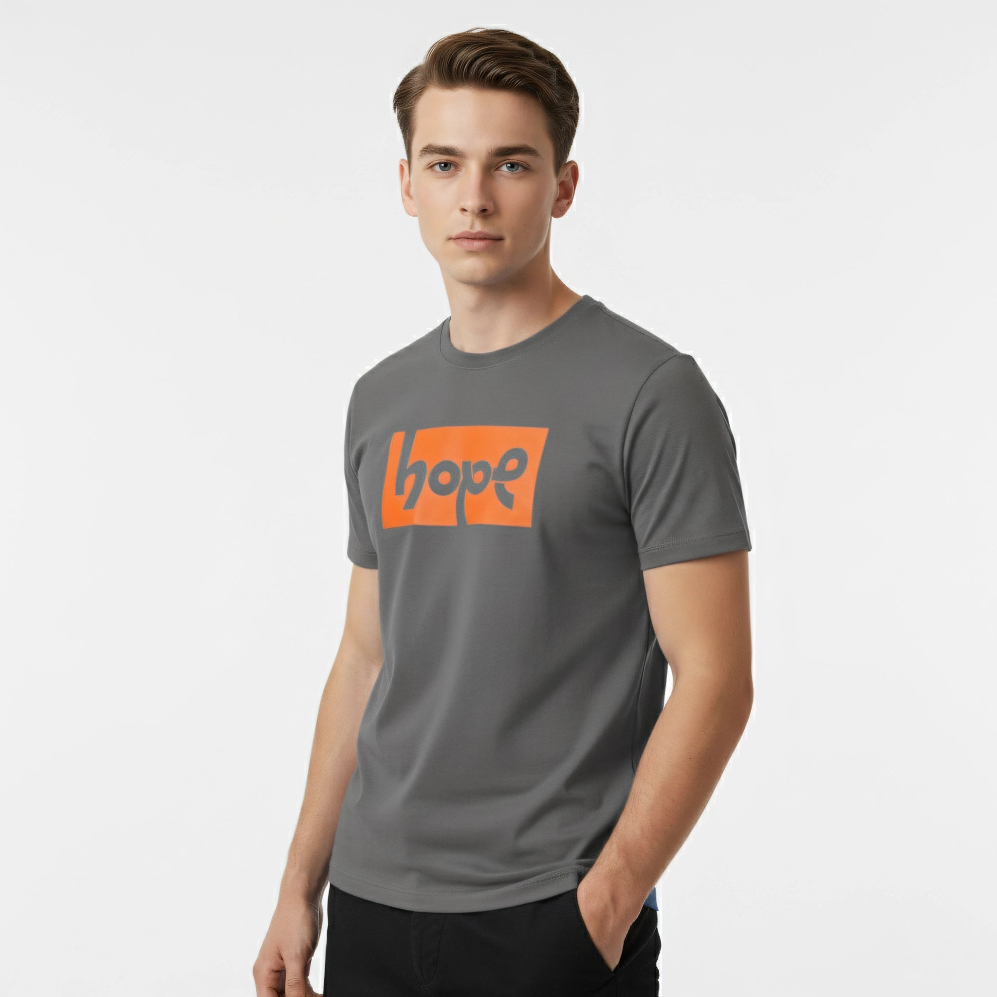 Man wearing a gray t-shirt with an orange 'hope' logo on a light gray background