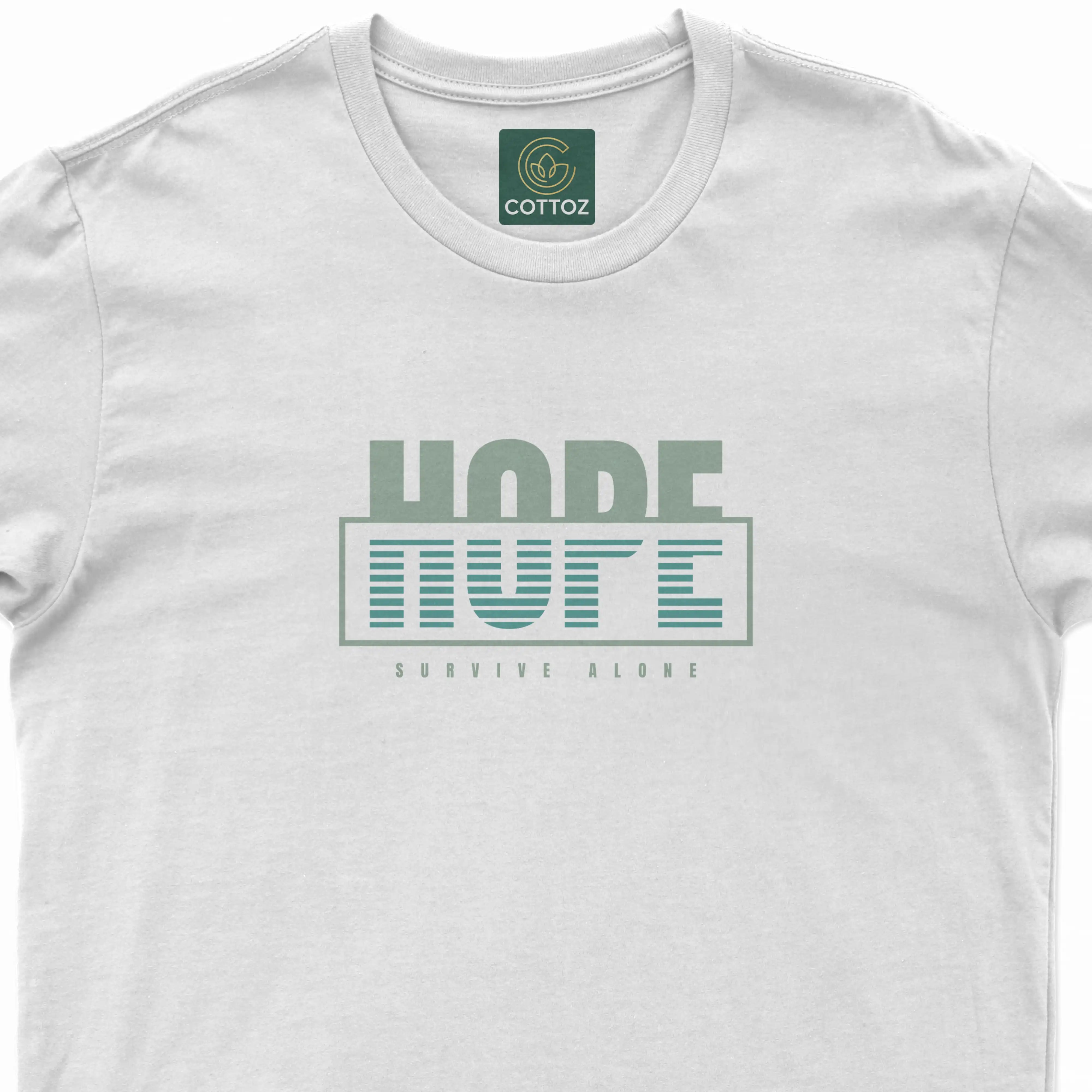 White t-shirt with green text and Cottoz logo on a white background