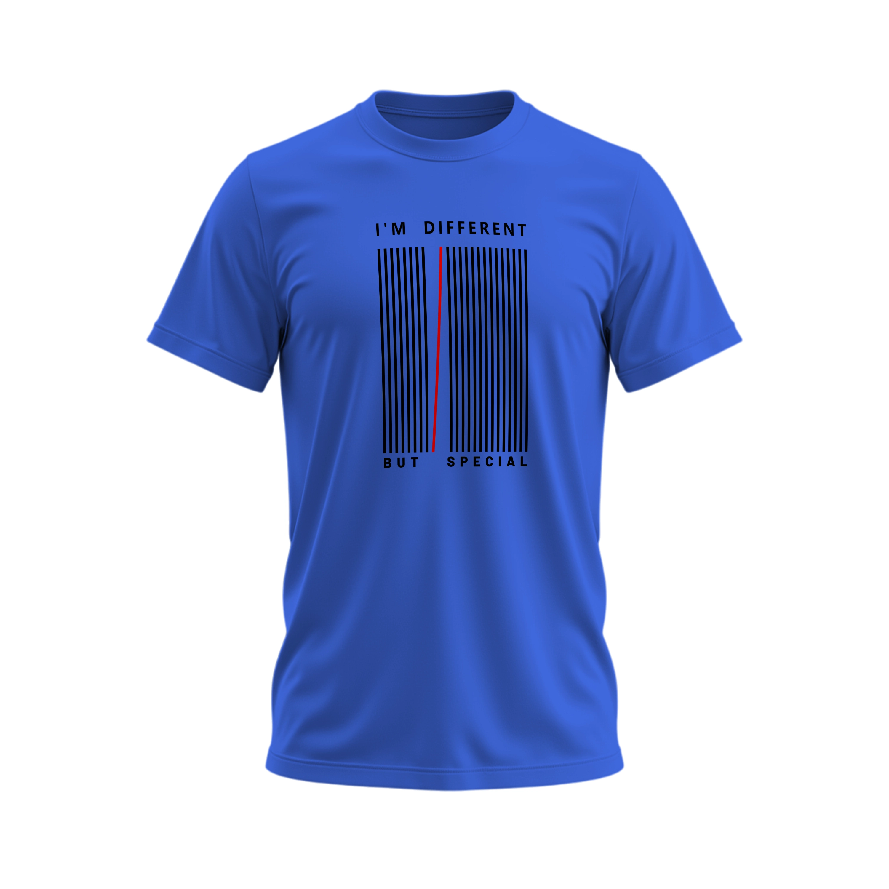 Blue t-shirt with a barcode design and text on a white background