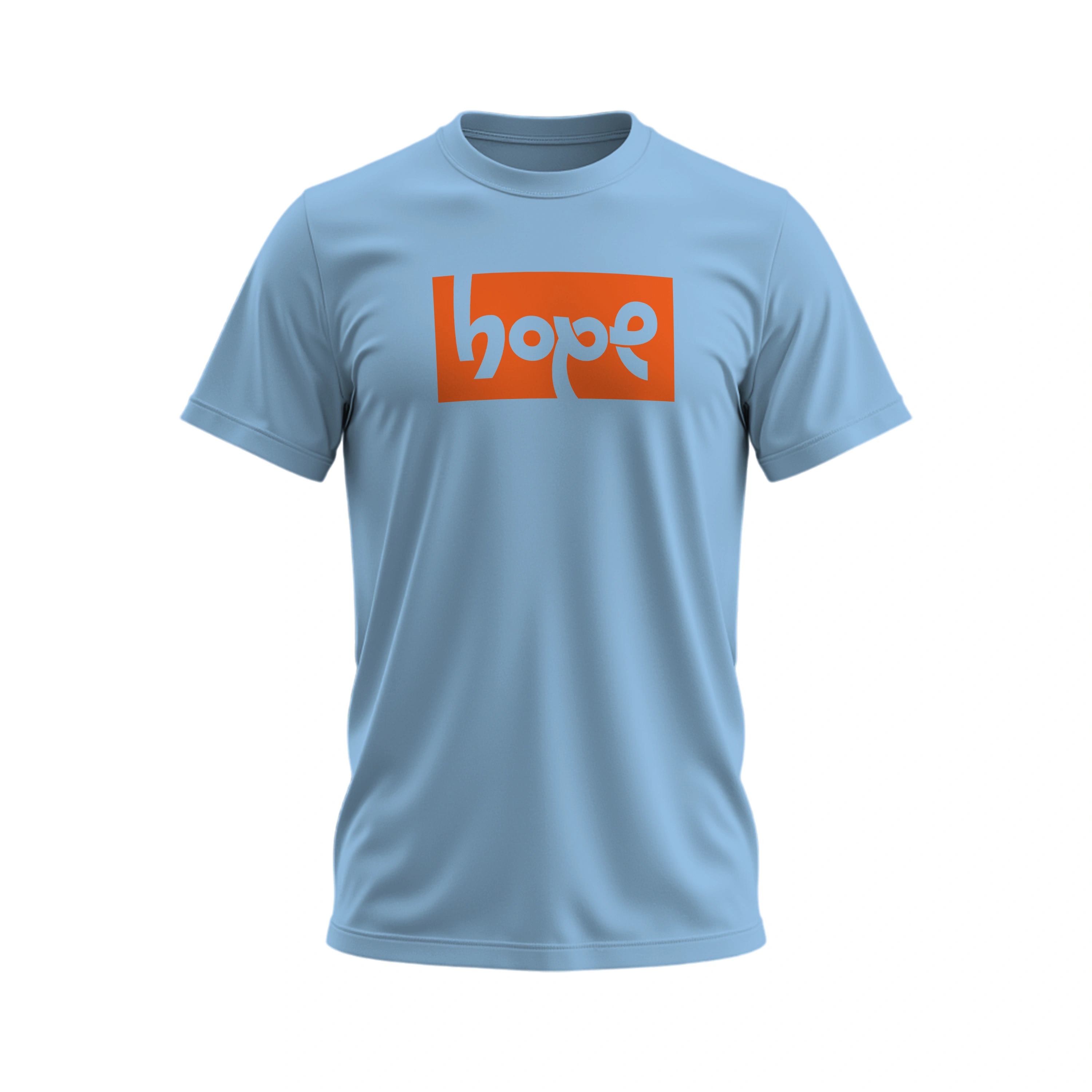Light blue t-shirt with an orange 'hope' logo on a white background
