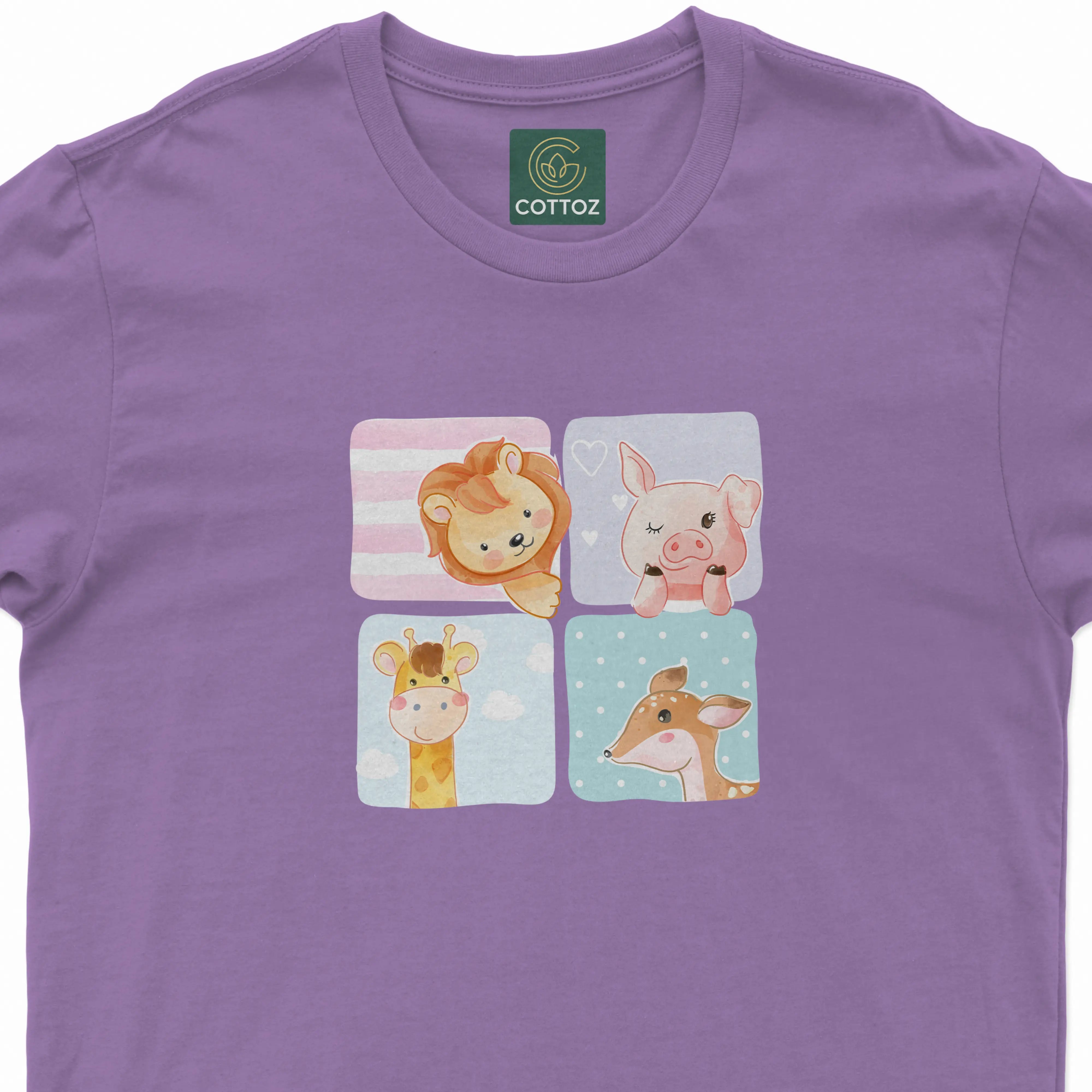 Purple t-shirt with cartoon animal designs and Cottoz logo.