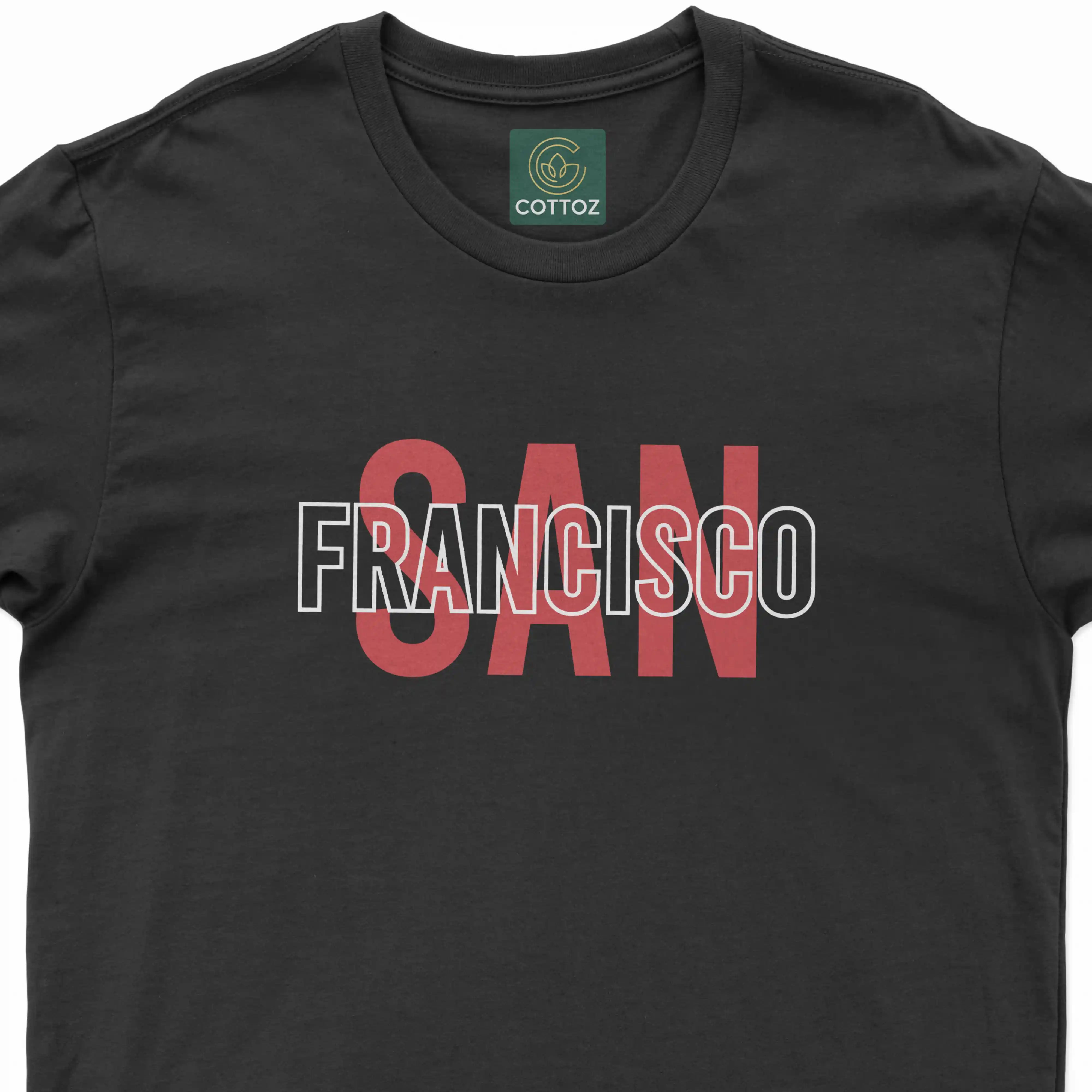 Black t-shirt with 'Francisco' printed in red and white on a white background