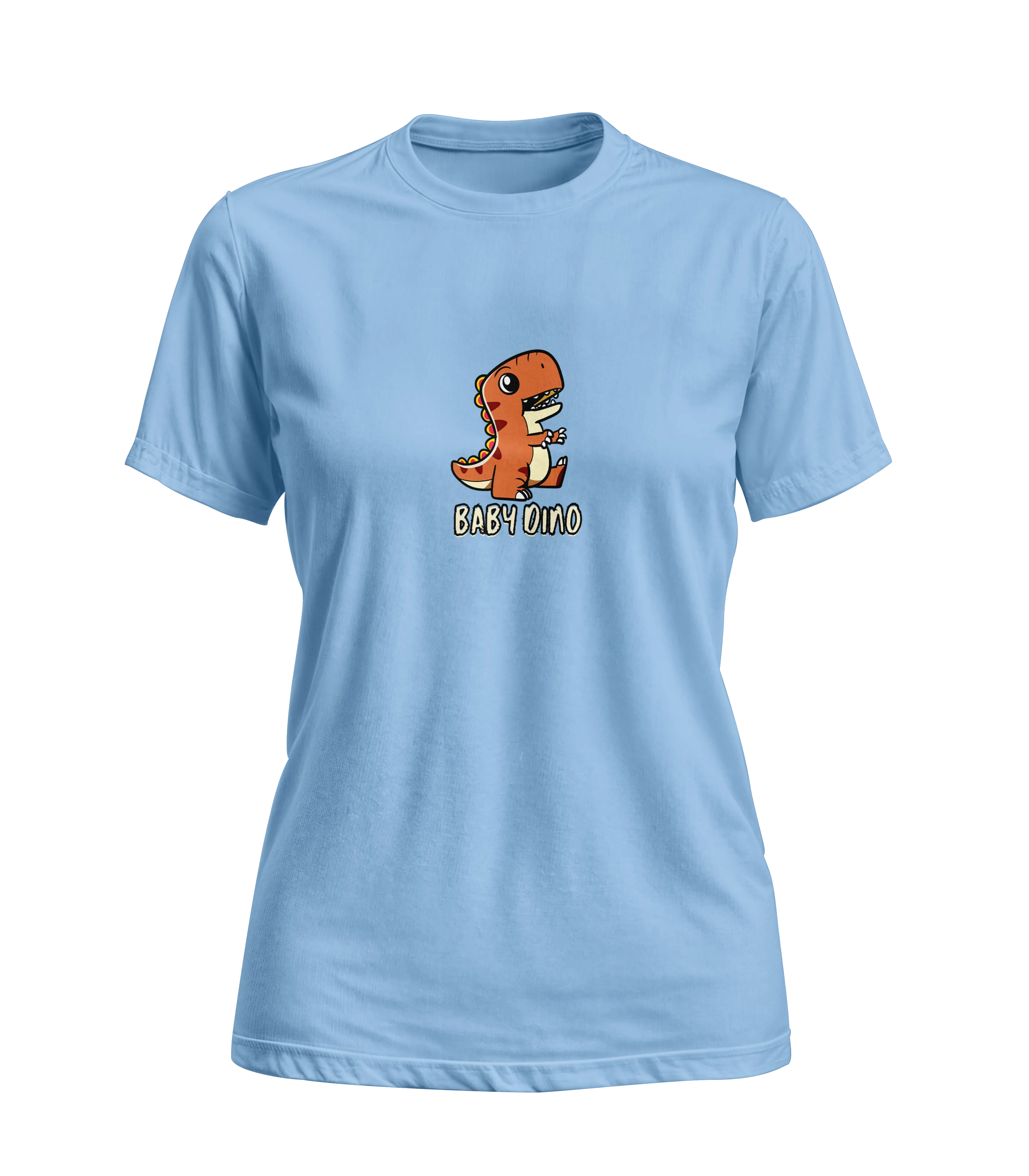 Light blue t-shirt with a cartoon dinosaur graphic on a white background