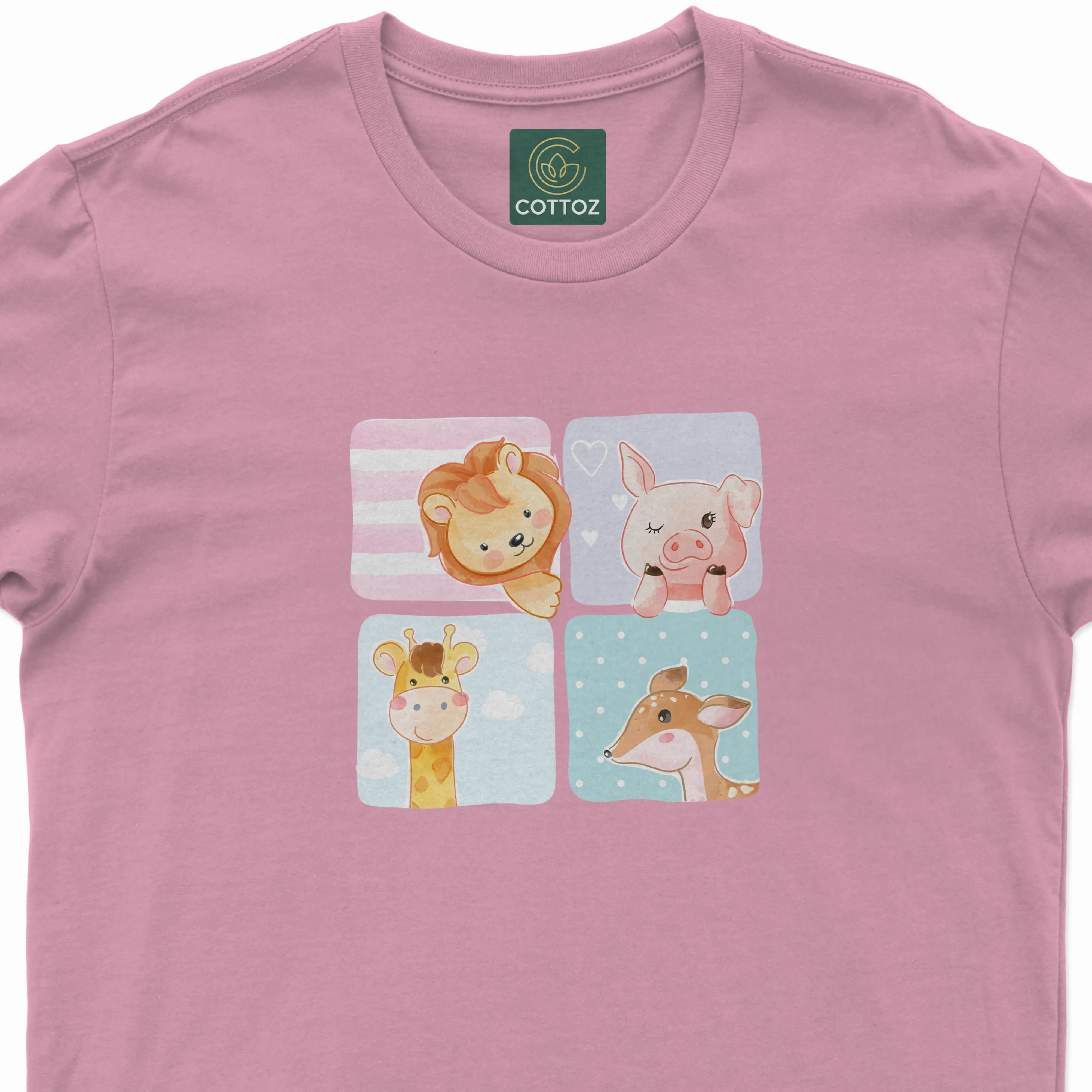 Pink t-shirt with cartoon animal designs and Cottoz logo.