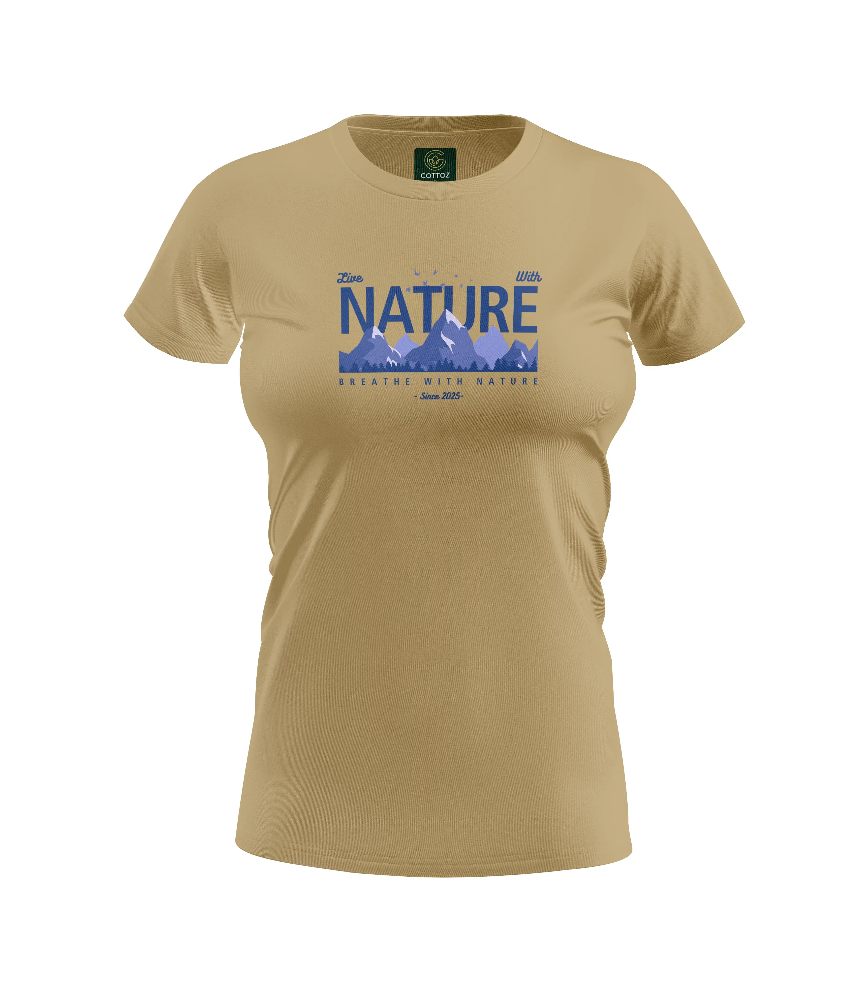 Beige t-shirt with 'Nature' graphic design on a white background