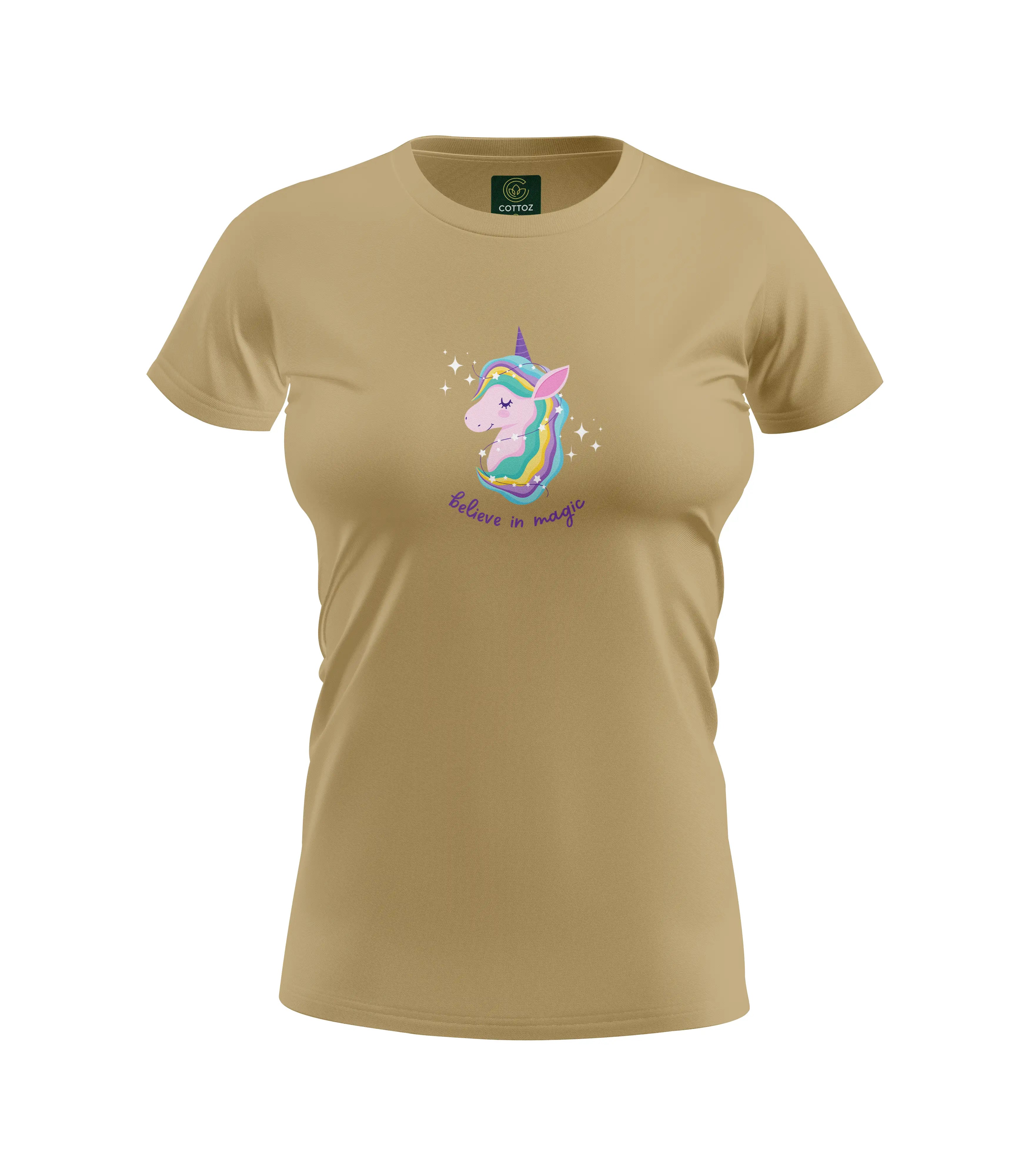 Beige t-shirt with a unicorn graphic and text on a white background
