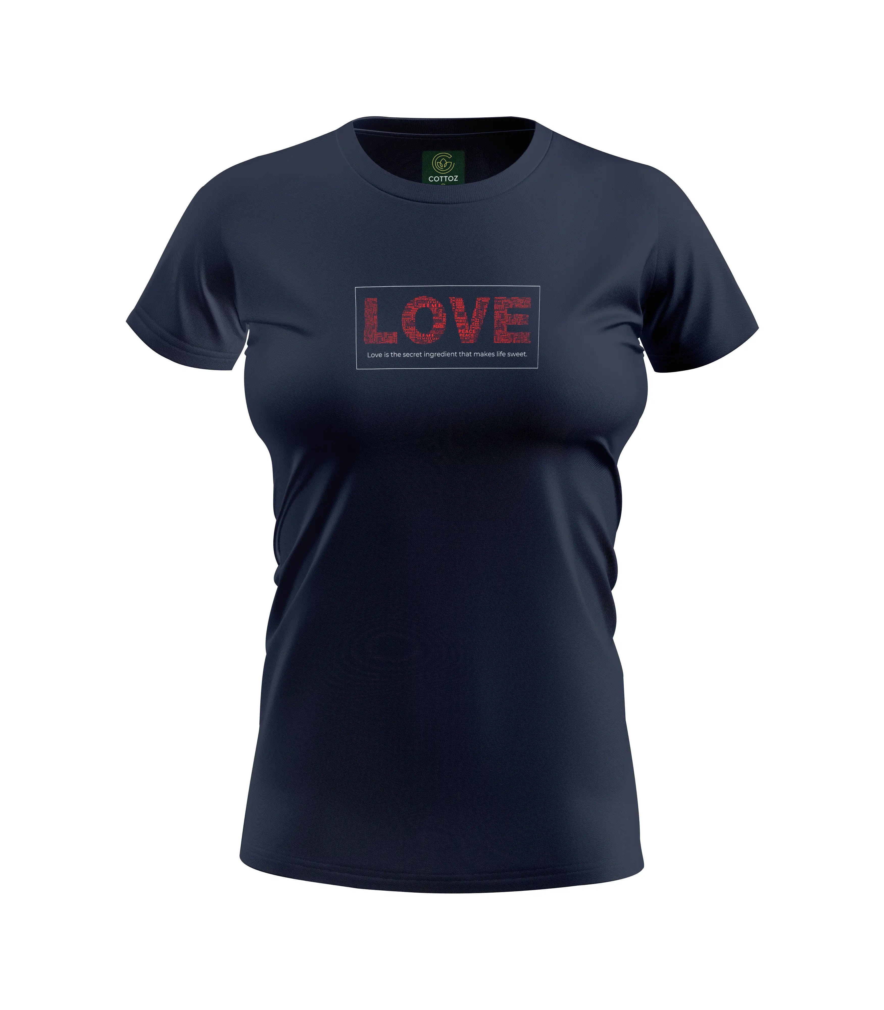 Navy blue t-shirt with 'LOVE' text on a white background