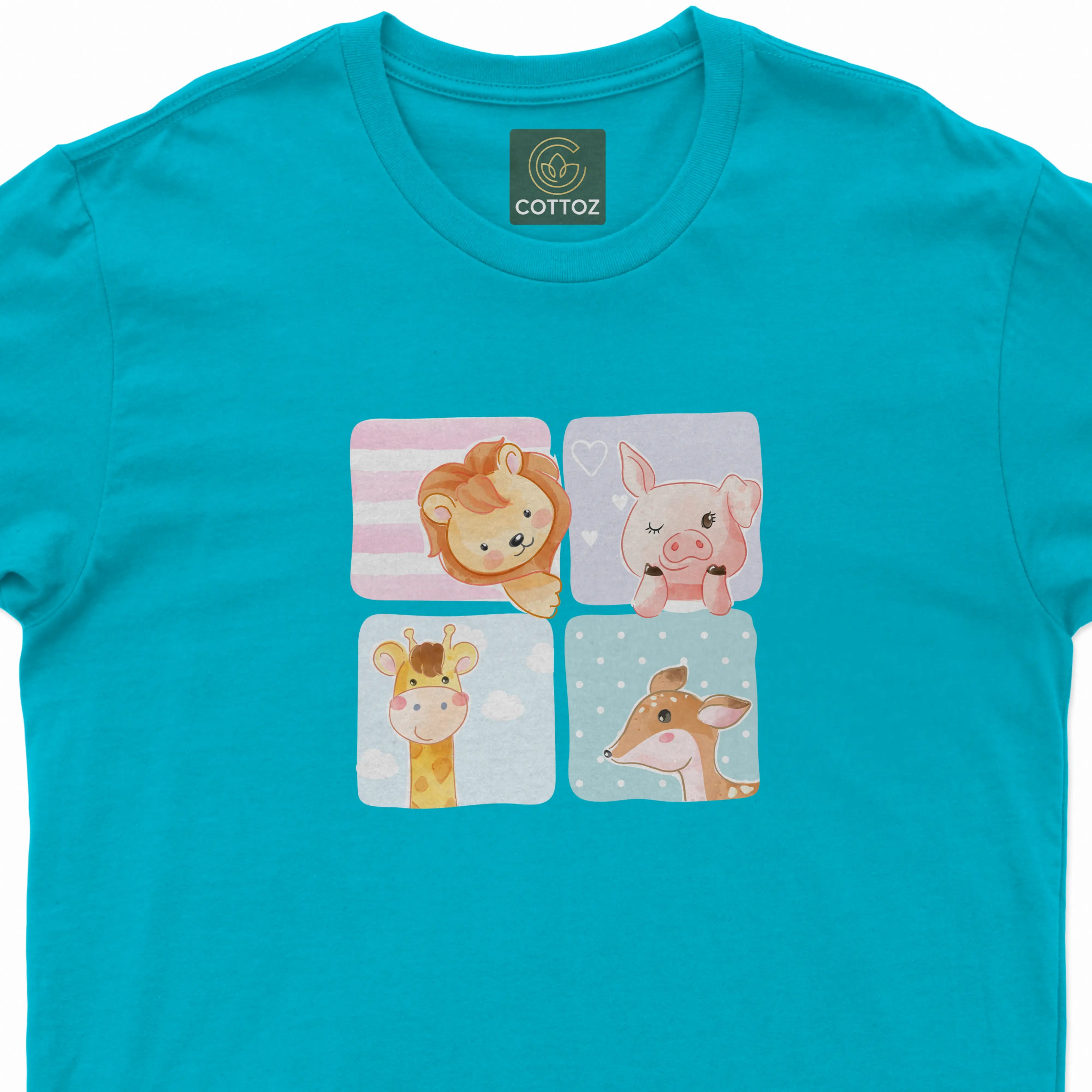 Blue t-shirt with animal illustrations on a white background
