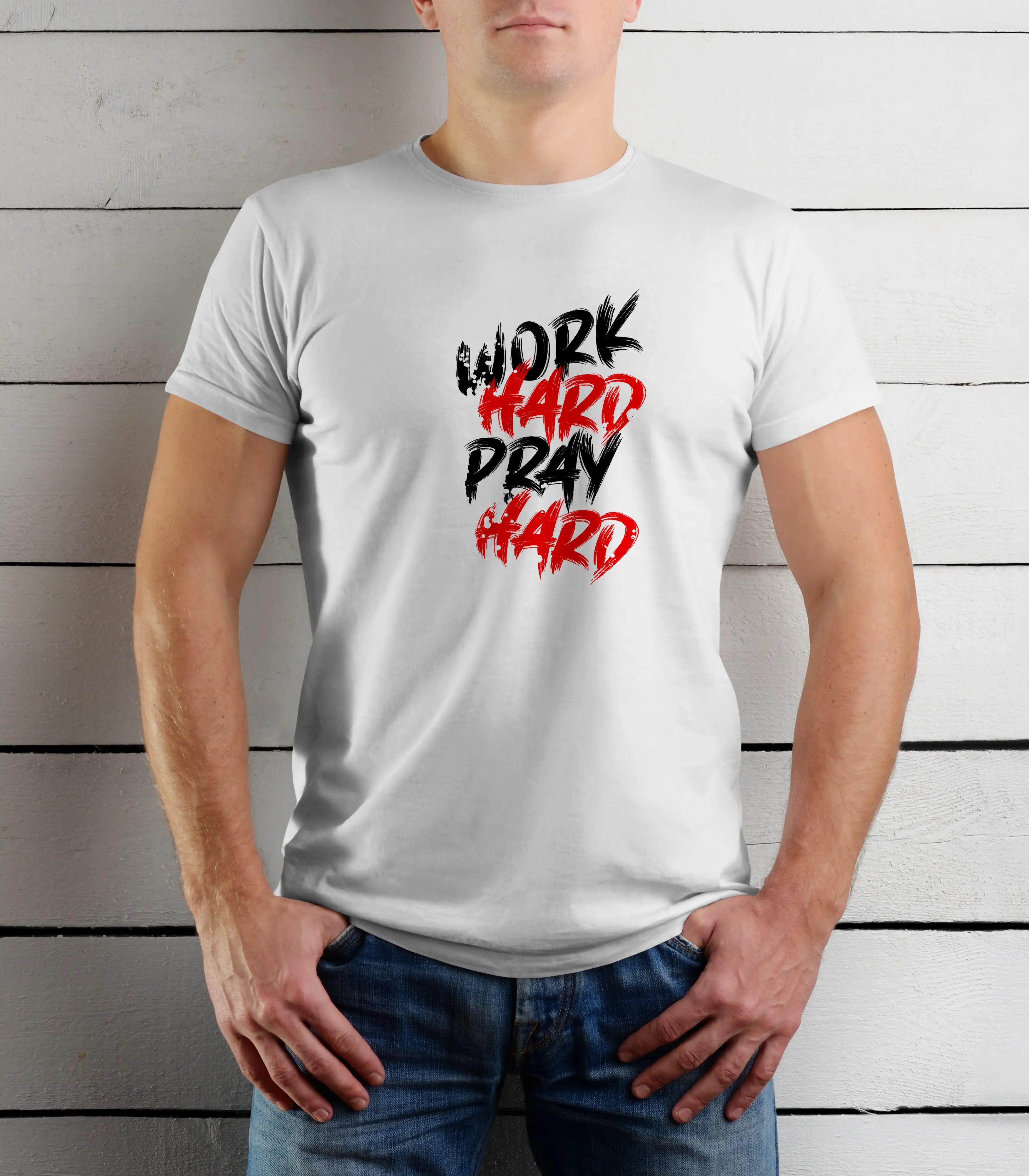 Person wearing a white t-shirt with 'Work Hard Pray Hard' text design.
