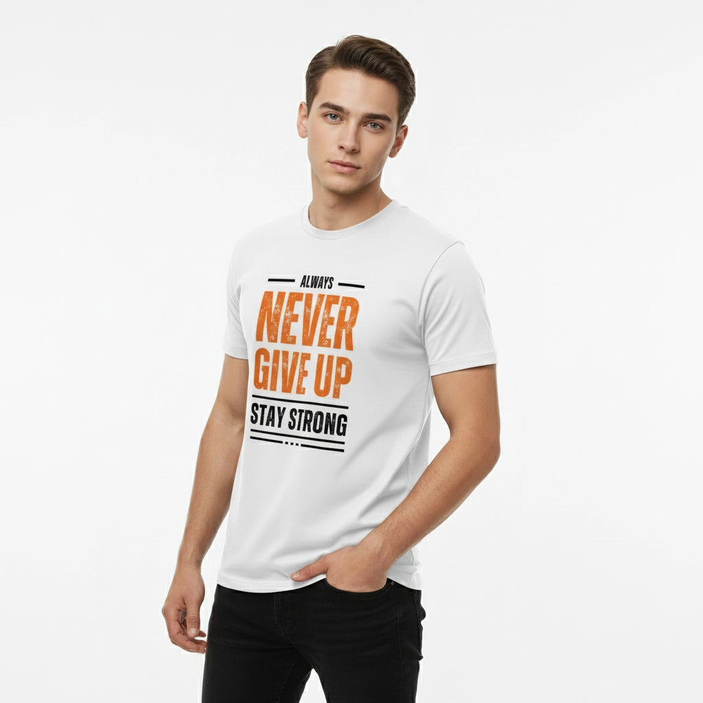 Man wearing a white t-shirt with motivational text on a plain background