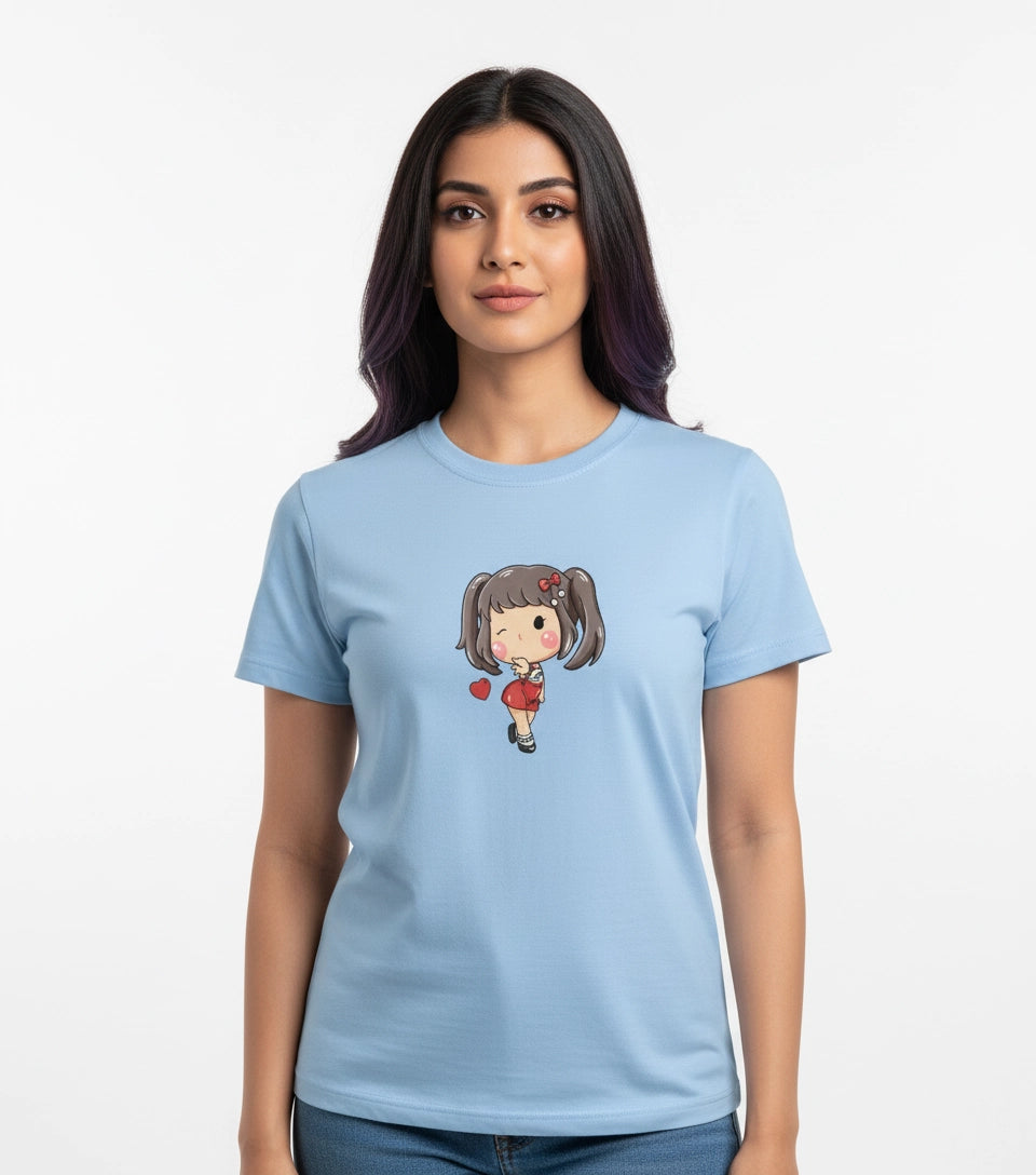 Woman wearing a light blue t-shirt with a cartoon character on a white background