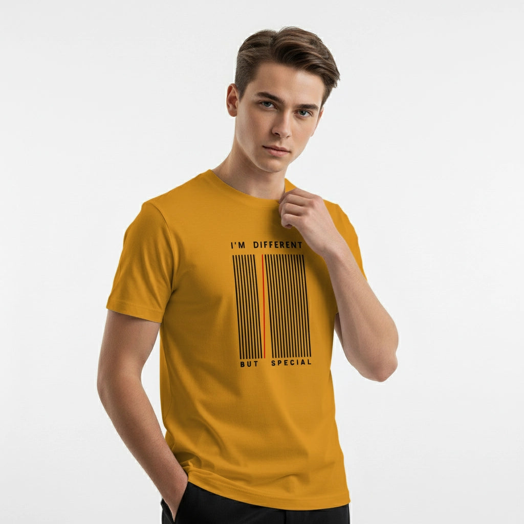 Man wearing a mustard yellow t-shirt with text design on a white background