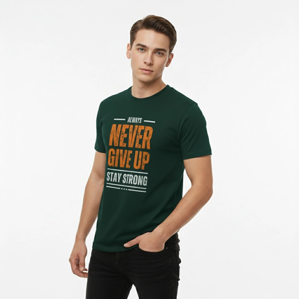 Man wearing a green t-shirt with motivational text on a white background