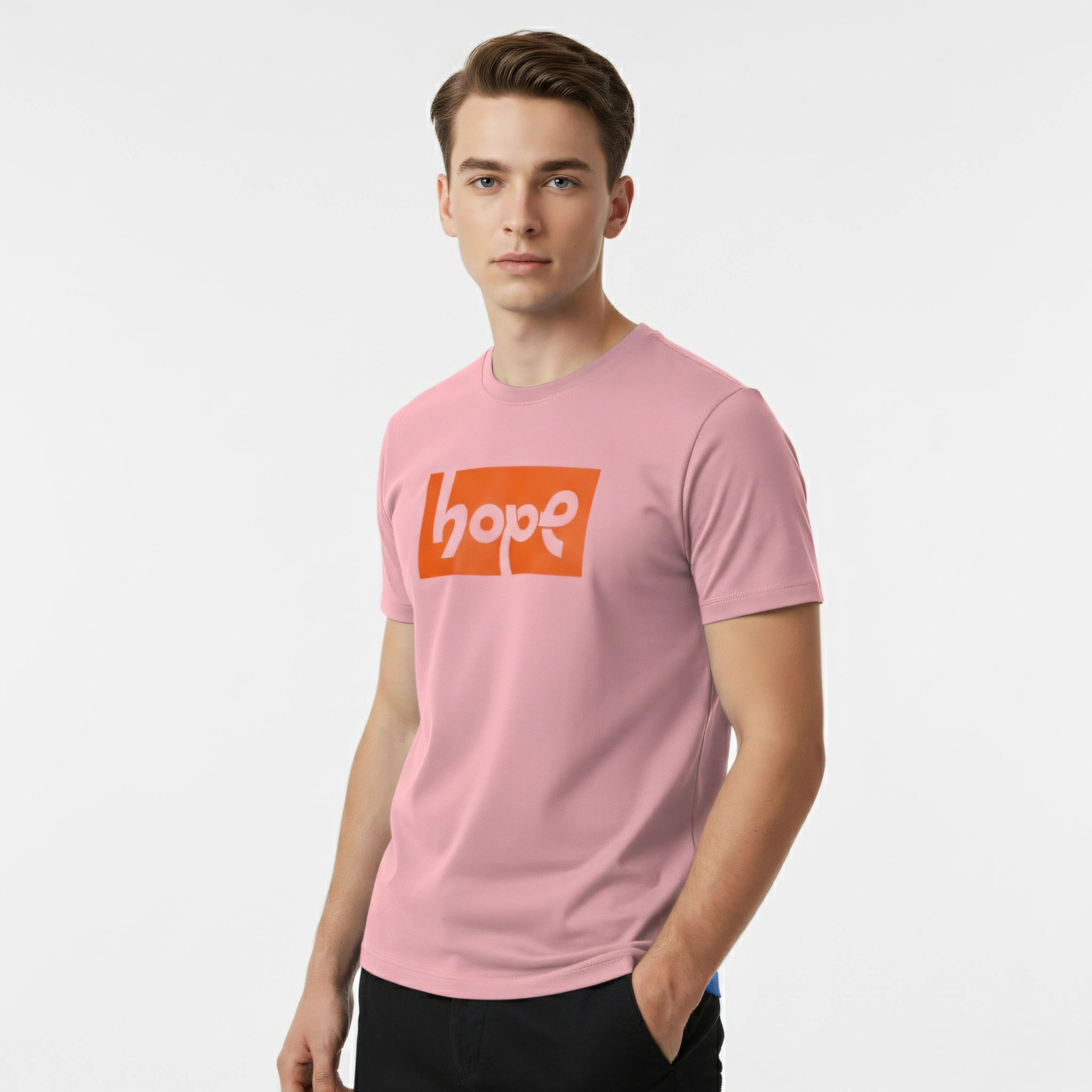 Person wearing a pink t-shirt with 'hope' printed on it against a light gray background