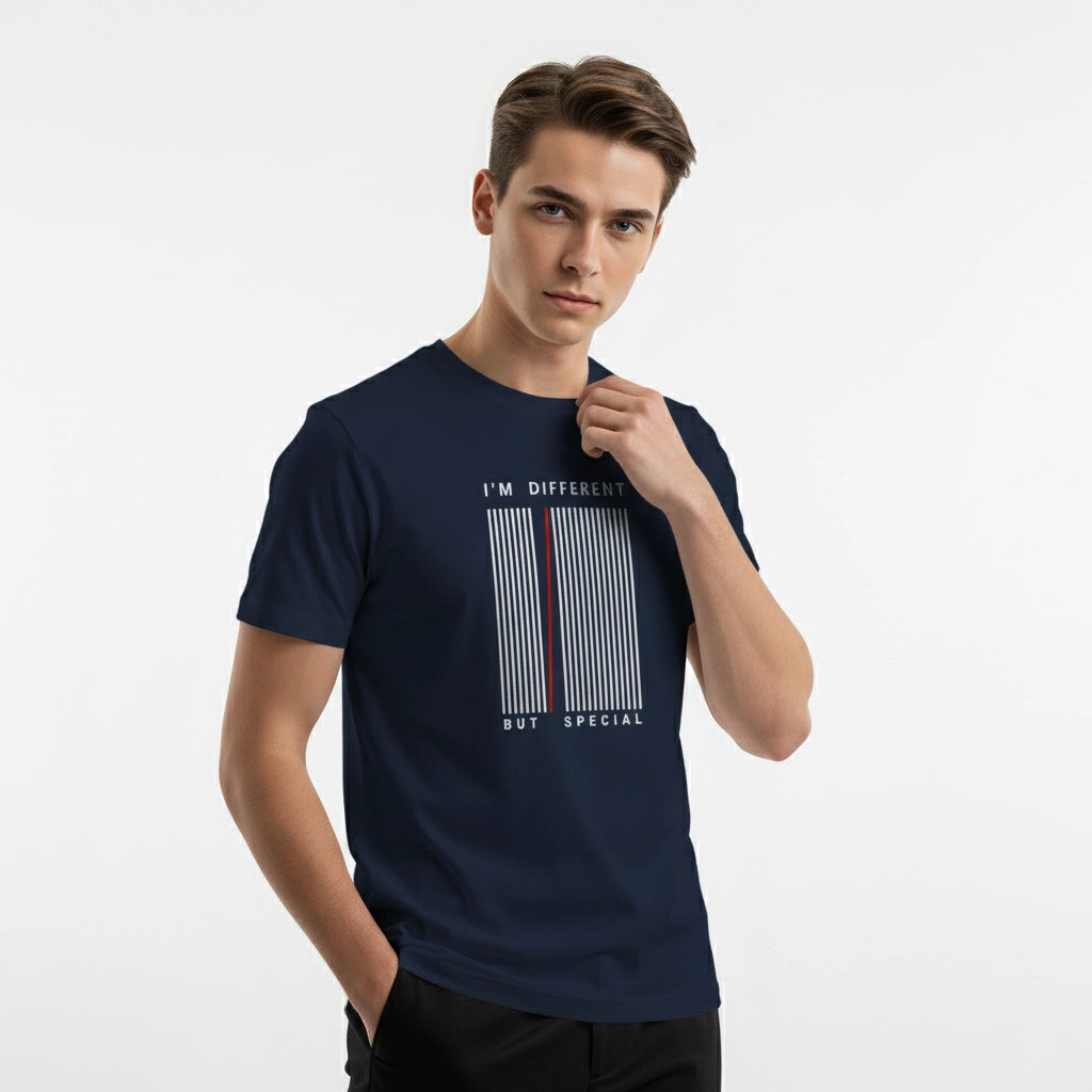 Man wearing a navy blue t-shirt with text design on a white background
