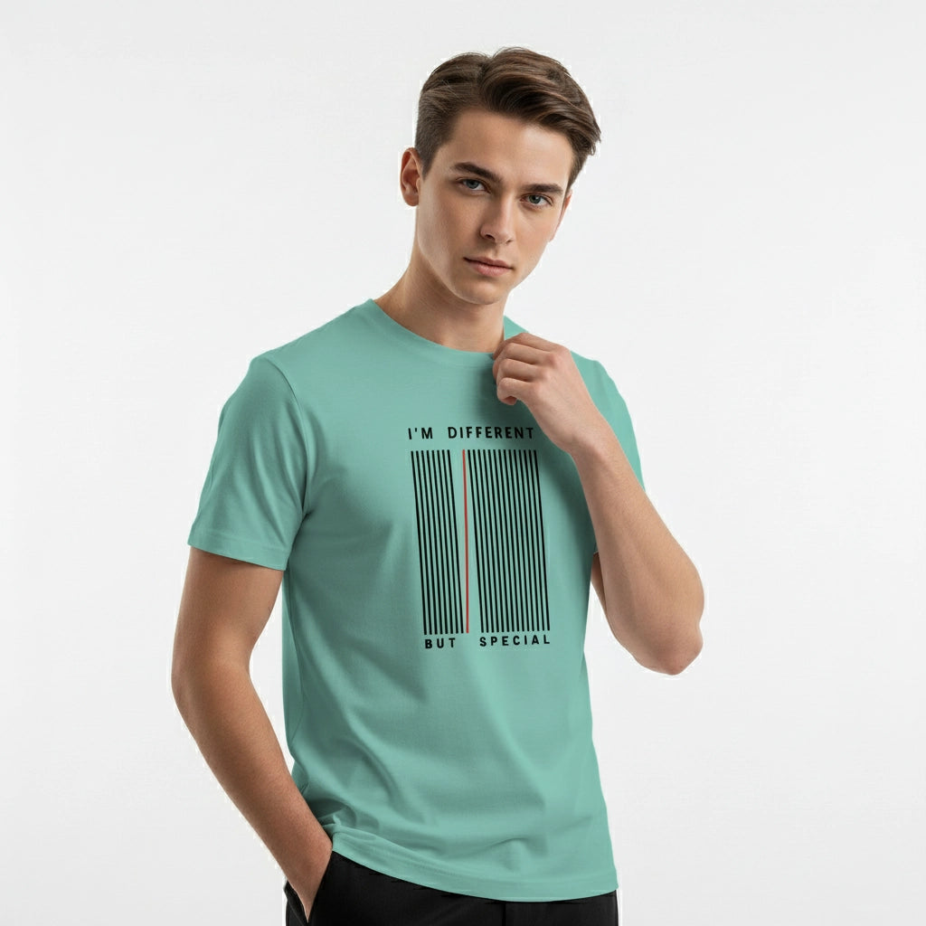 Man wearing a light blue t-shirt with text design on a white background