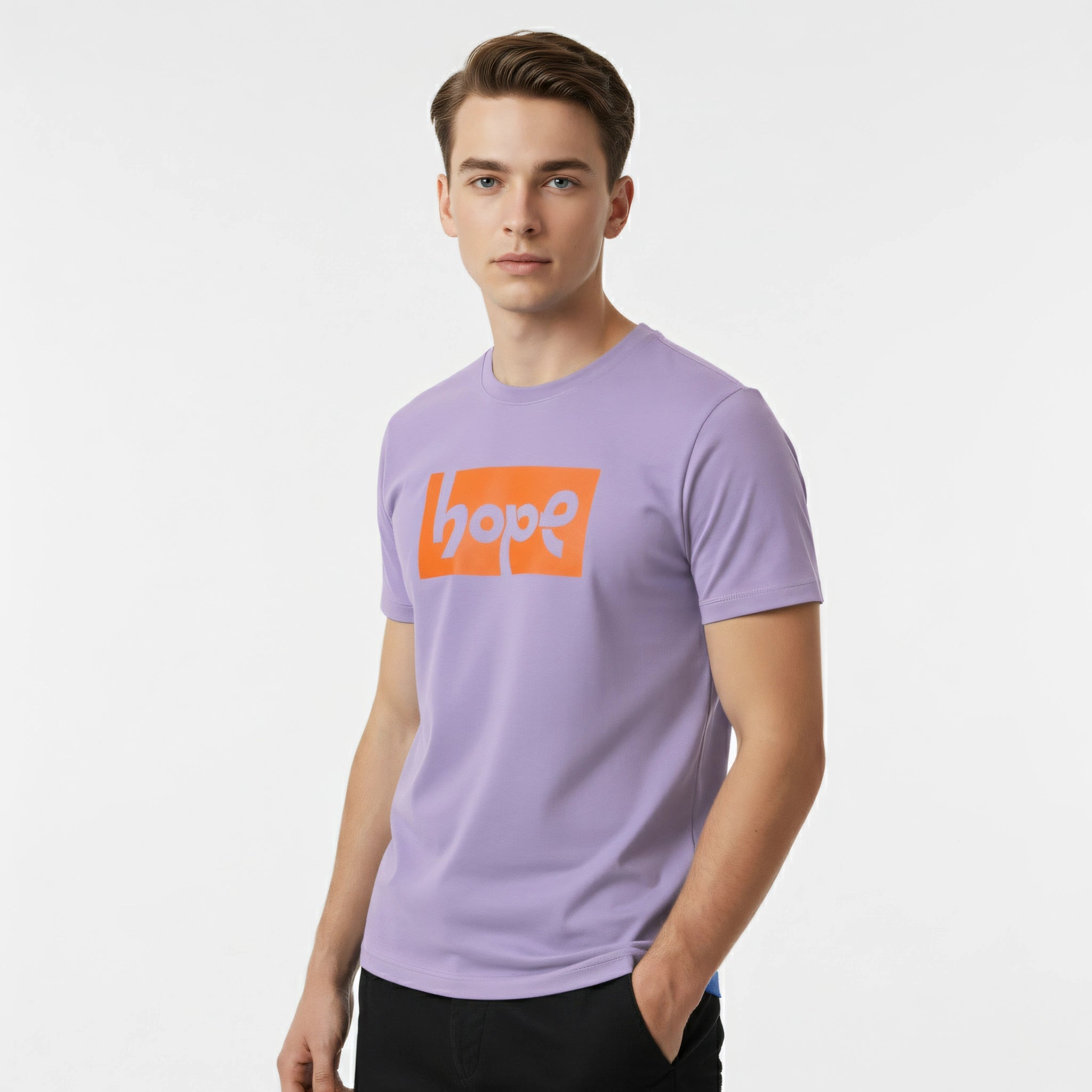 Man wearing a purple t-shirt with 'hope' printed in orange on a light gray background