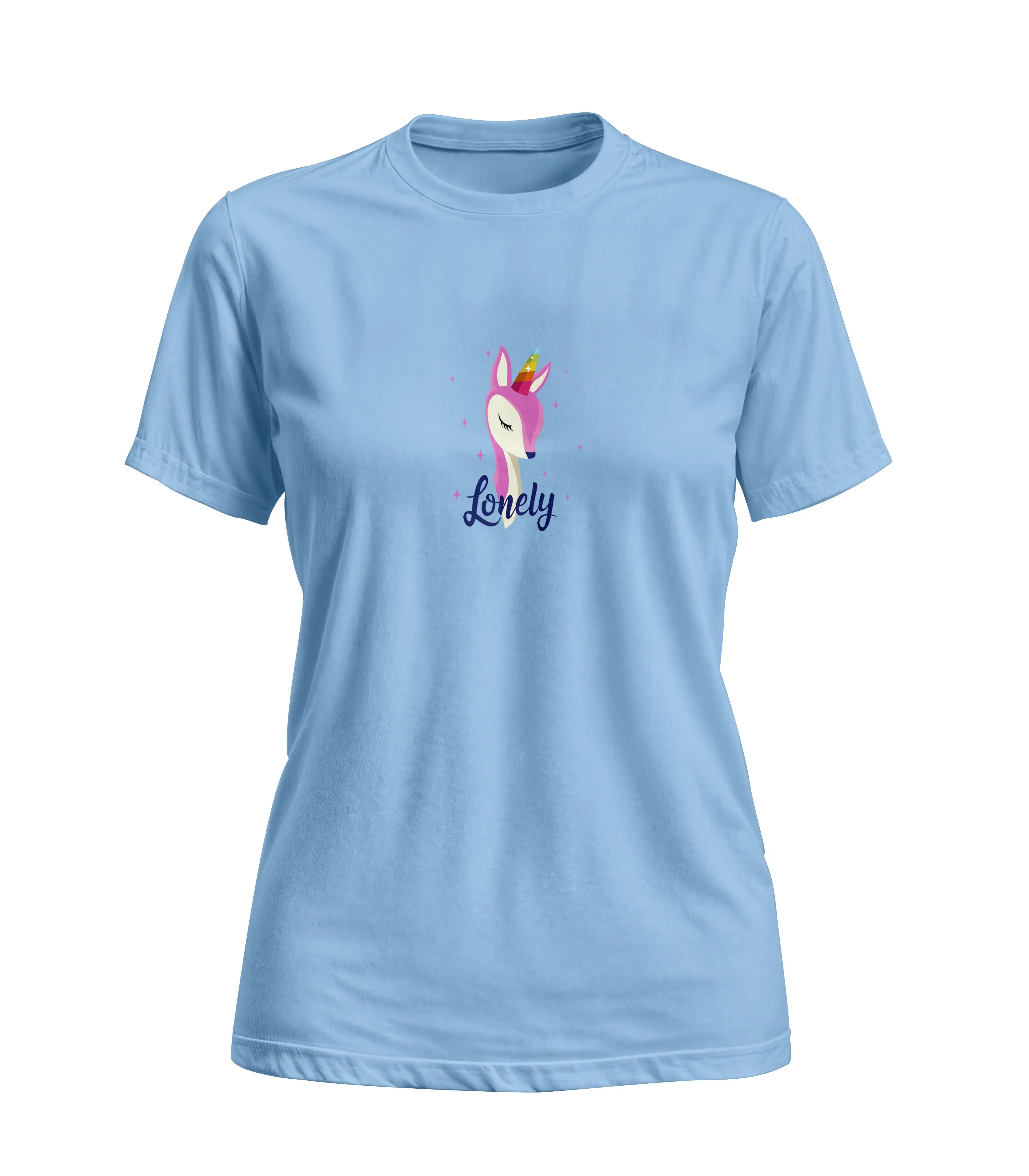 Light blue t-shirt with a cartoon llama design and the word 'Lonely' on a white background