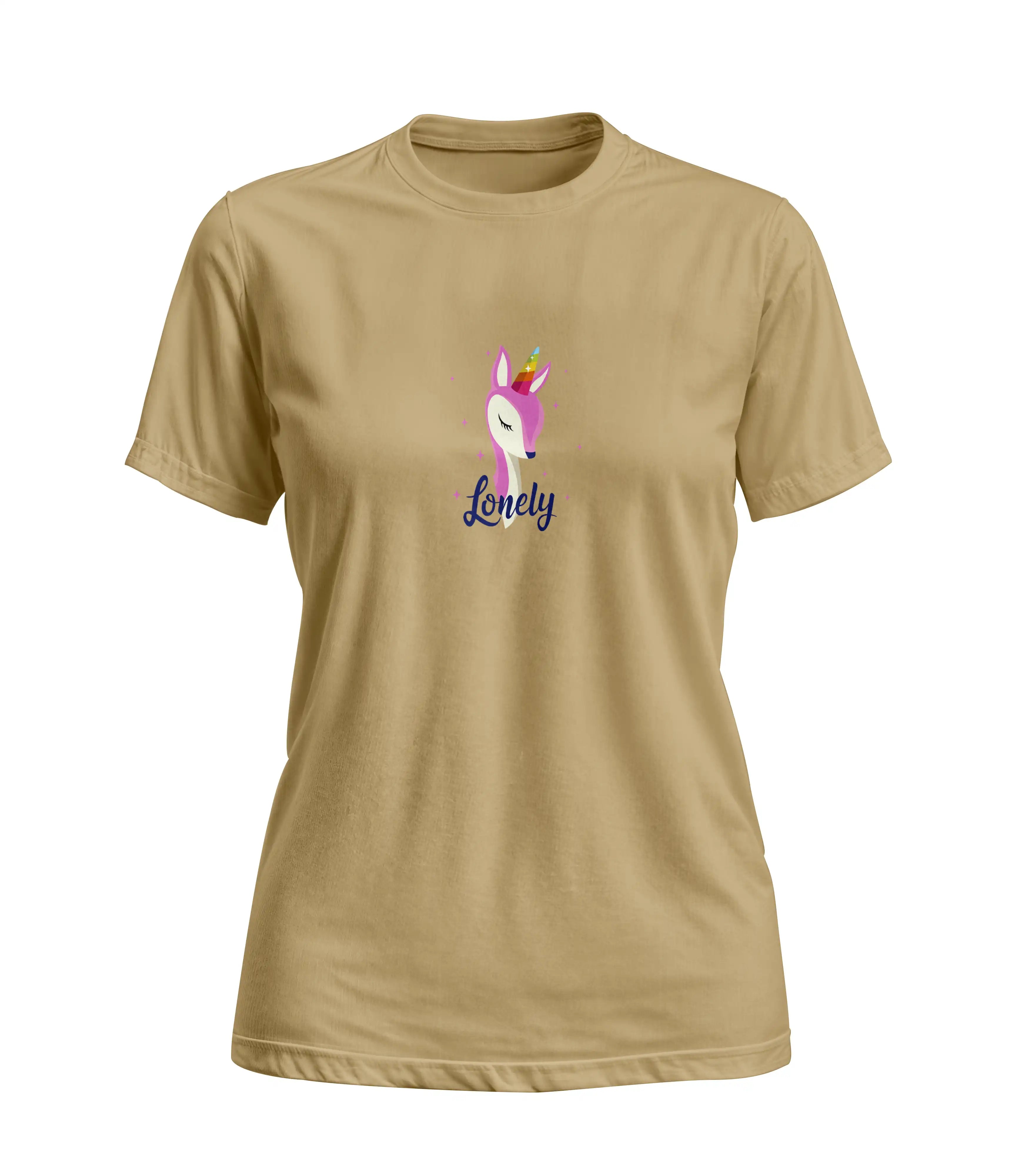 Beige t-shirt with a colorful llama graphic and 'Lonely' text on a white background