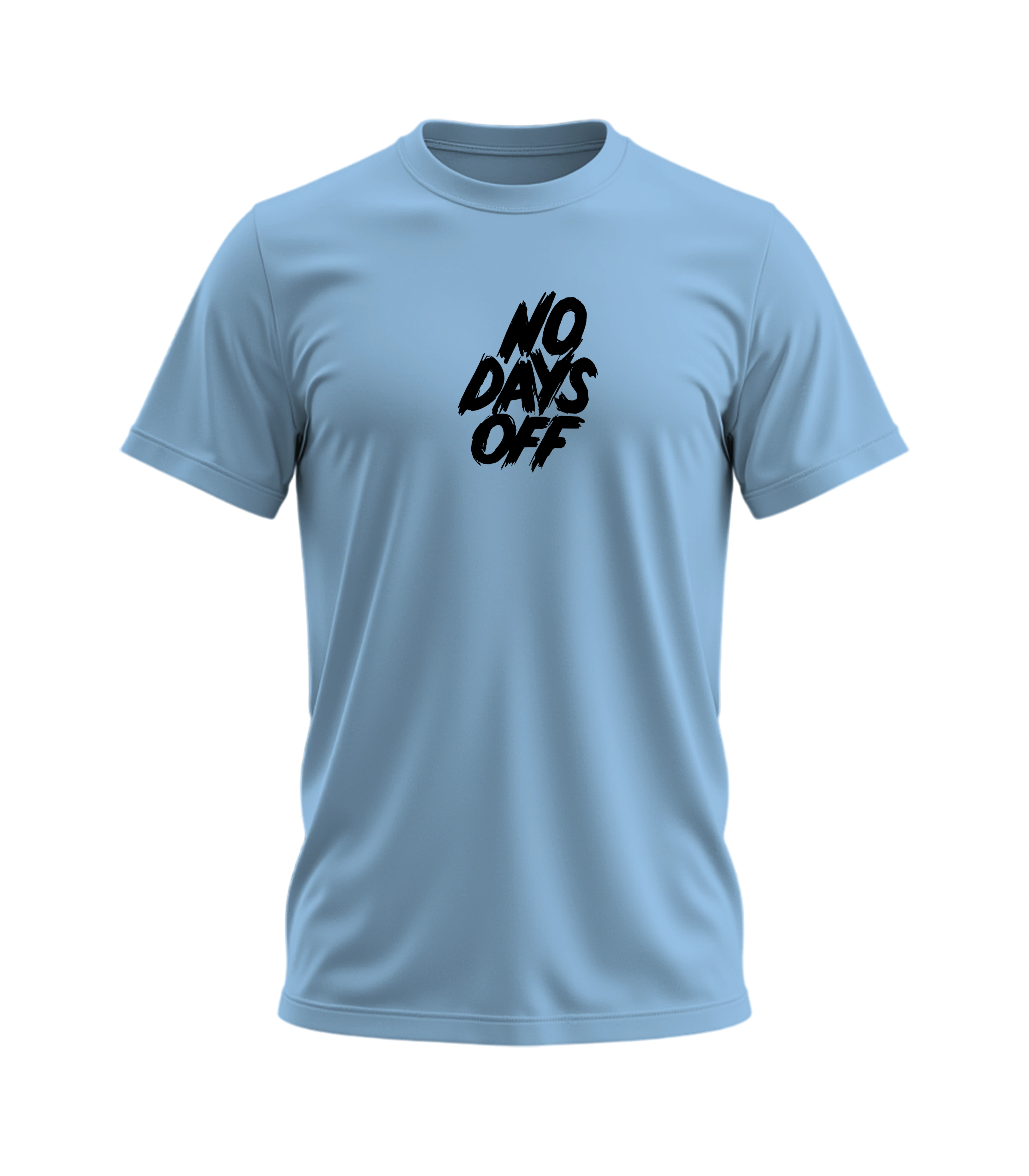 Light blue t-shirt with 'NO DAYS OFF' text on a white background