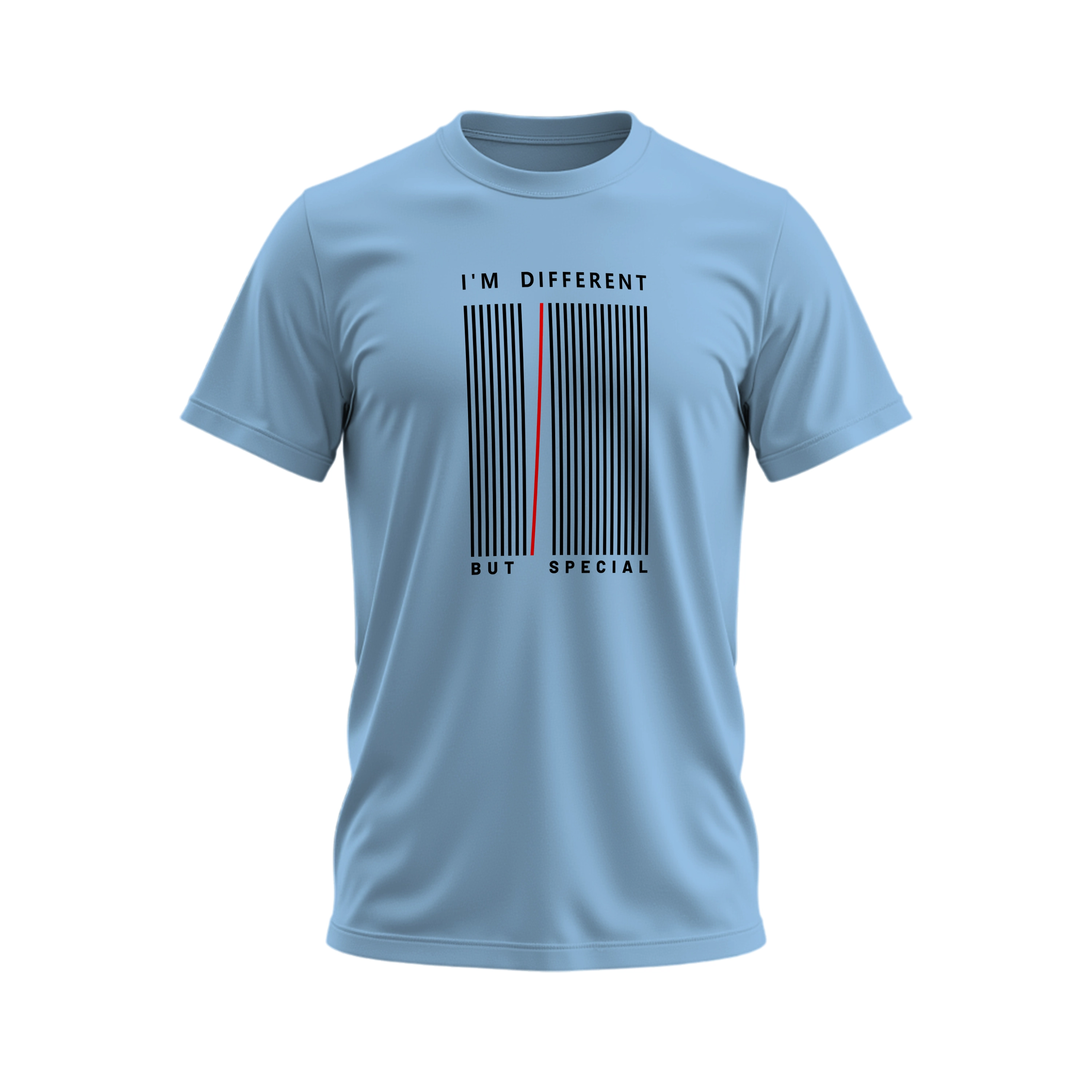 Light blue t-shirt with a barcode design and text on a white background