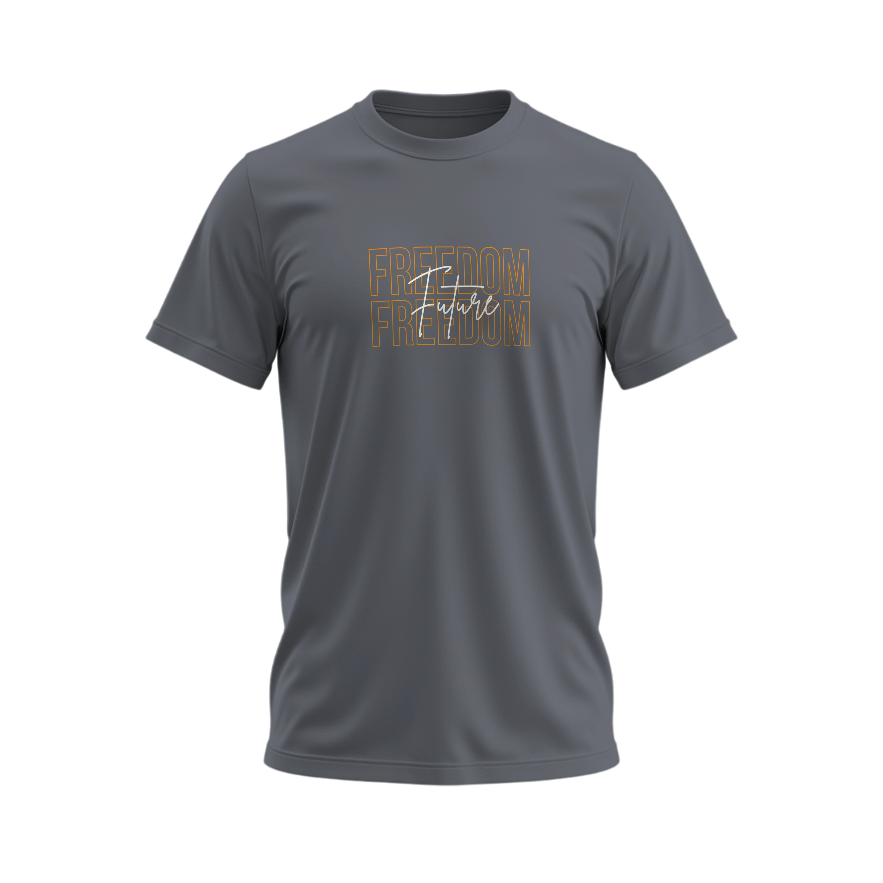 Gray t-shirt with 'Freedom Future' text on a white background